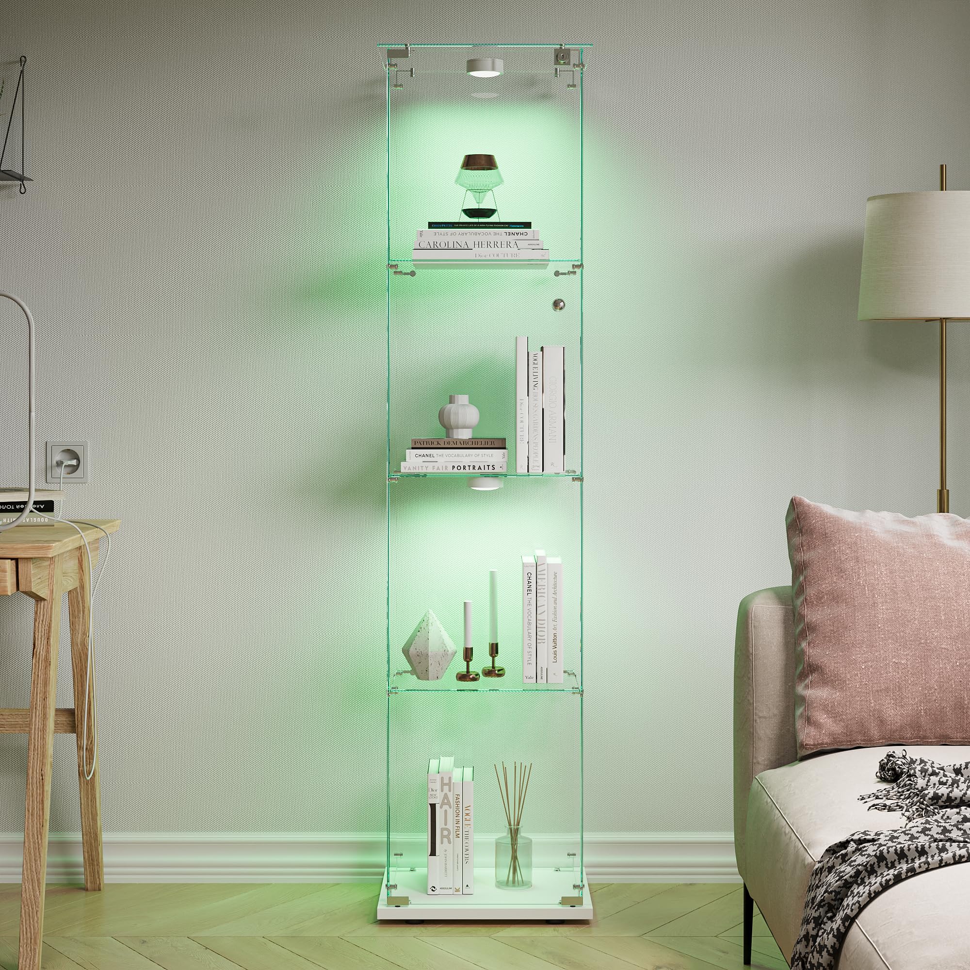 Vitrina de Cristal de 163 x 40 x 35 cm con 4 estantes 1 Puertas, Vitrina de pie con LED, Armario de colección Moderno para salón, Dormitorio, Oficina, Blanco y Puerta Individual + Luces de Pat