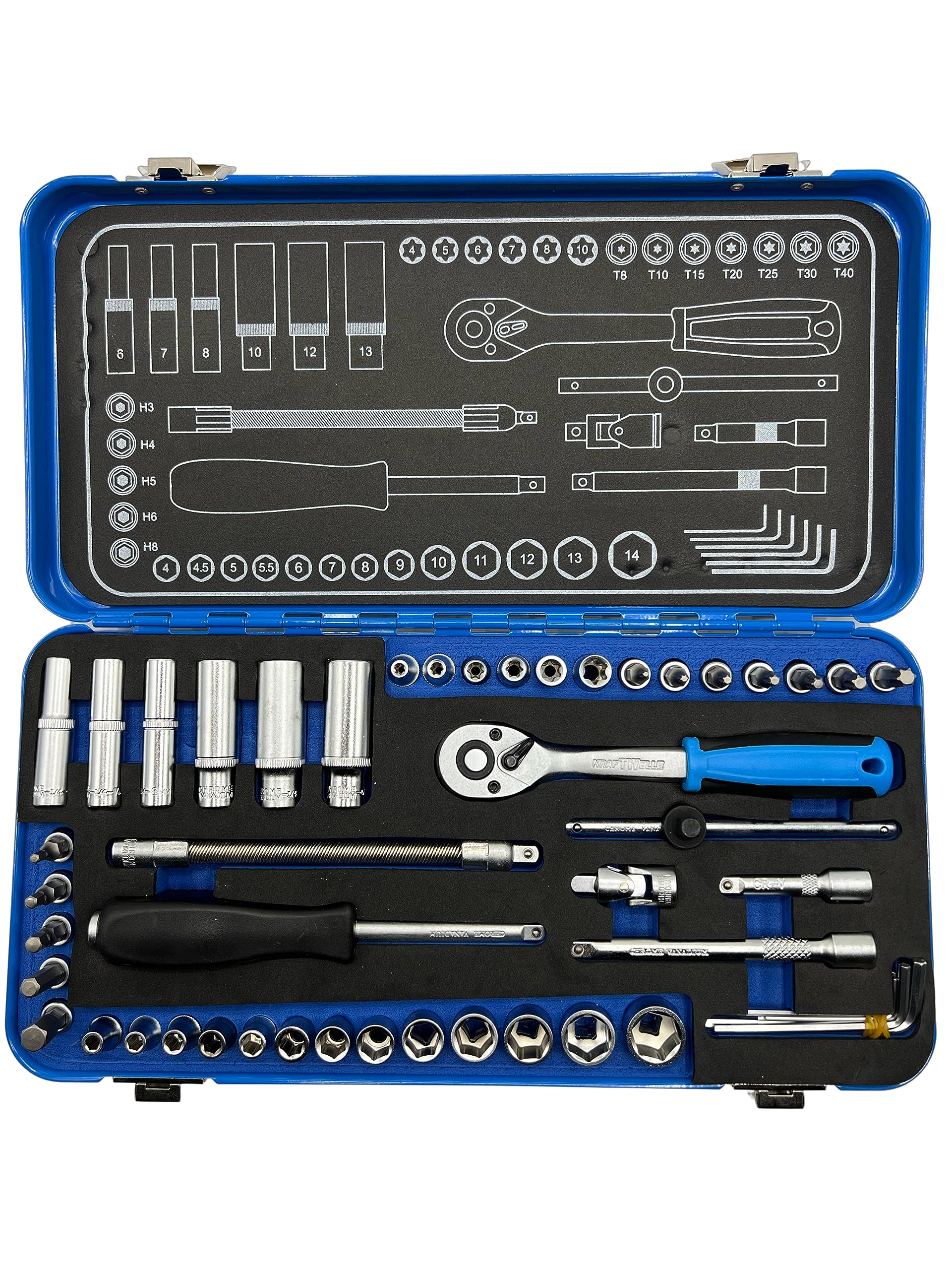 Kraftwelle Coffret à cliquet 1/4" 50 pièces Coffret à outils avec cliquet 72 dents, jeu de douilles 6-13 mm, écrou profil E, Torx/outil de mécanique de précision