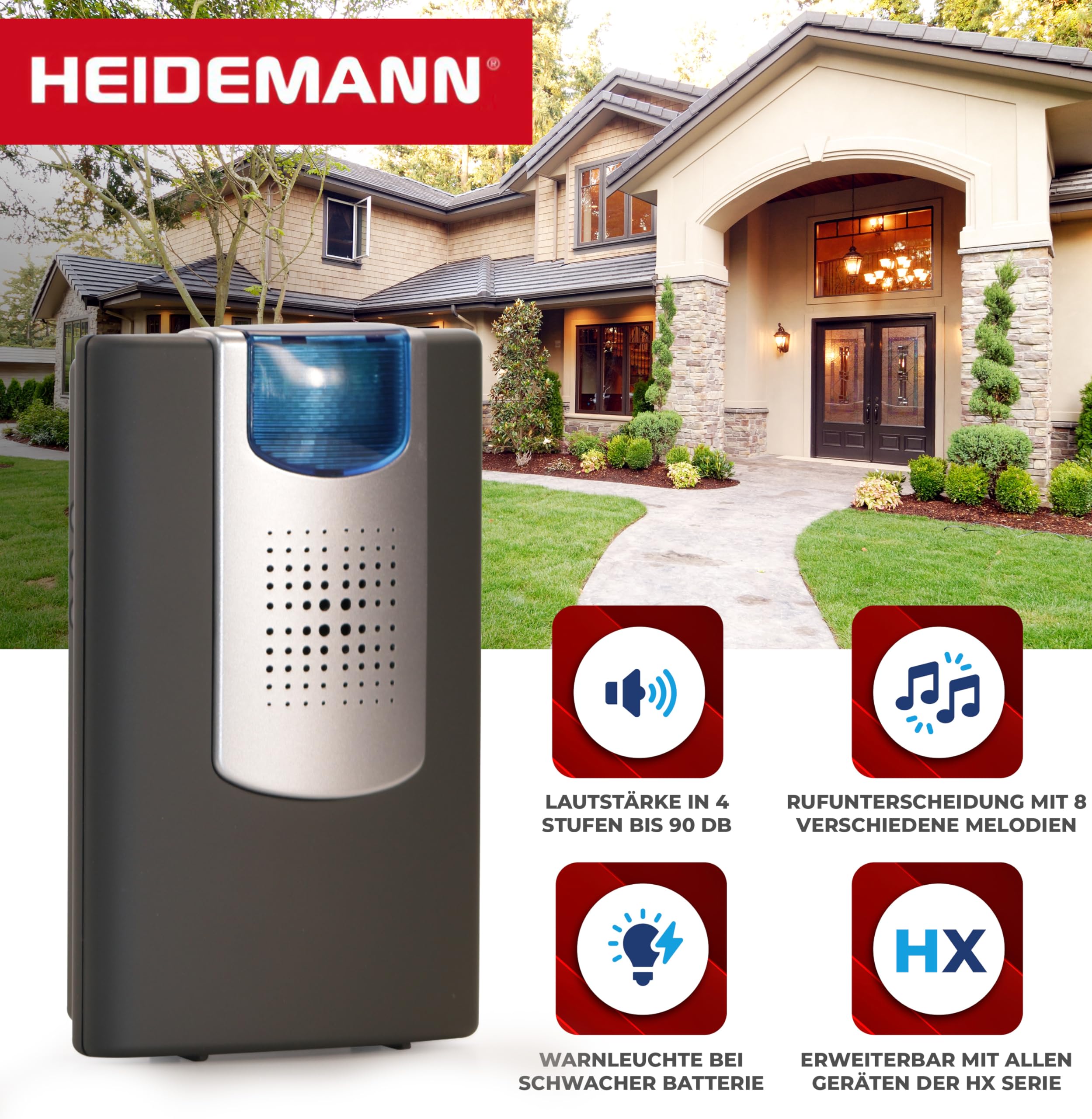 Heidemann Funkgong Set HX Action (max. Reichweite 150 m, Lautstärke 4-stufig regulierbar 90 dB, 8 Melodien einstellbar, Klingel, inkl. Sender + Empfänger) 70835