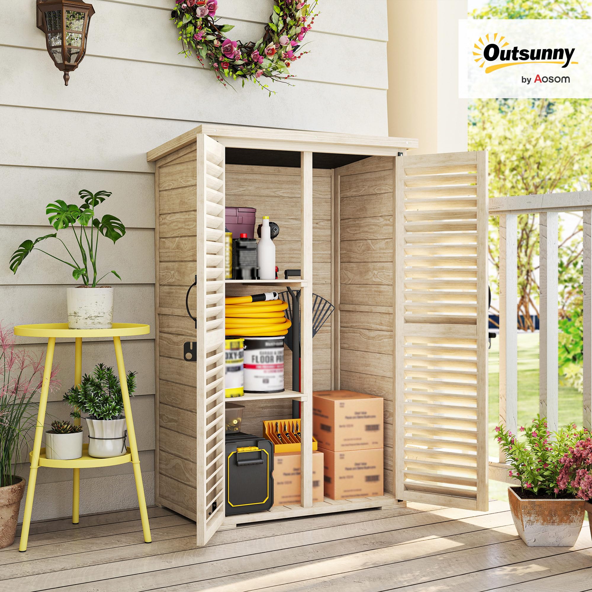 Outsunny Armadio da Esterno Portaoggetti a 2 Ripiani con Picchetti e Tetto Inclinato, Casetta da Giardino in Legno di Abete, 75x50x111/118 cm, Color Legno