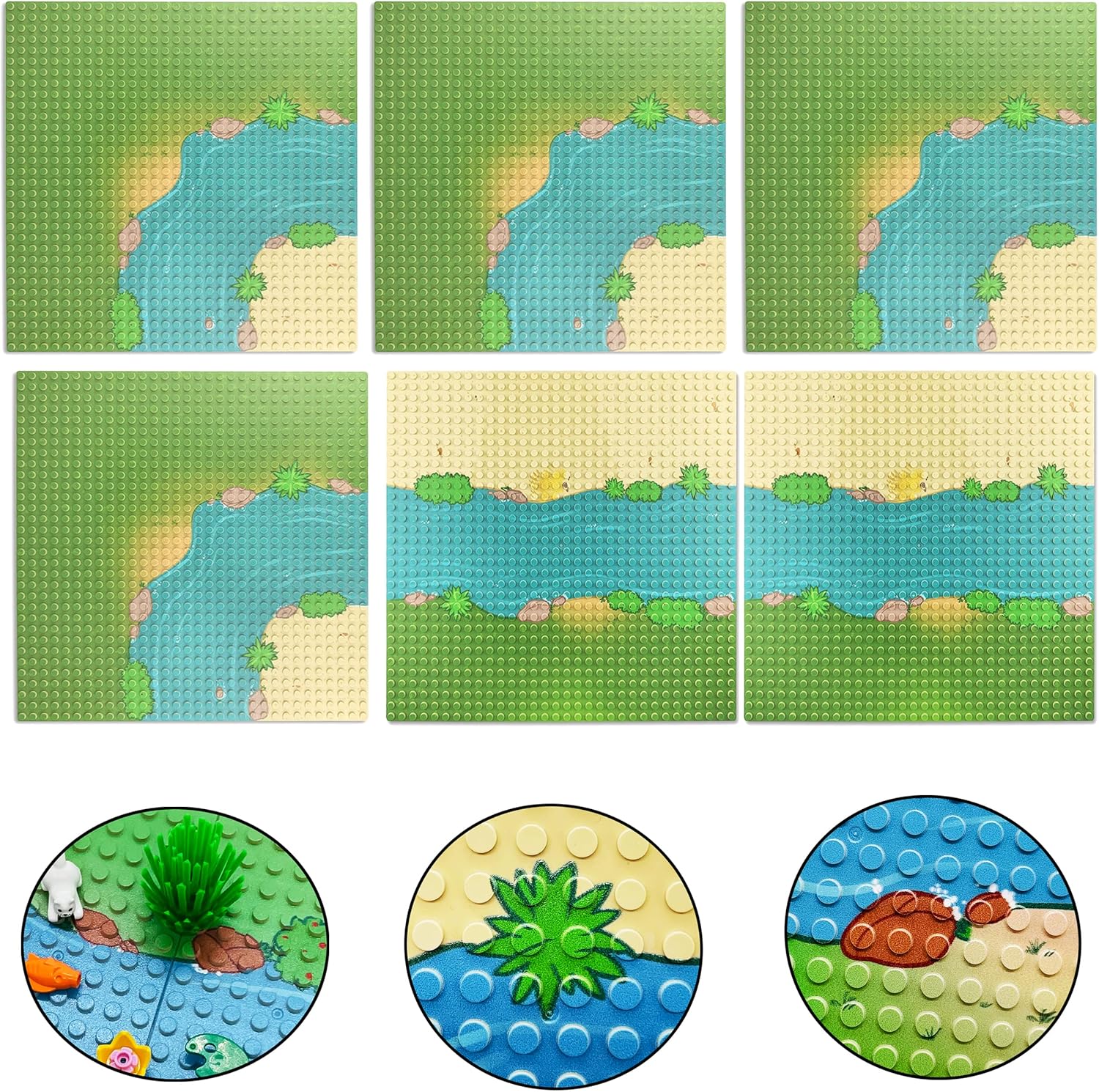 6 Pack Grassland Rivers Pattern Baseplate 10" x 10" - Building Brick Base Plate Tight Fit with Major Brands for City Roads Building Blocks Kids Toy (2 Straight + 4 Curve)