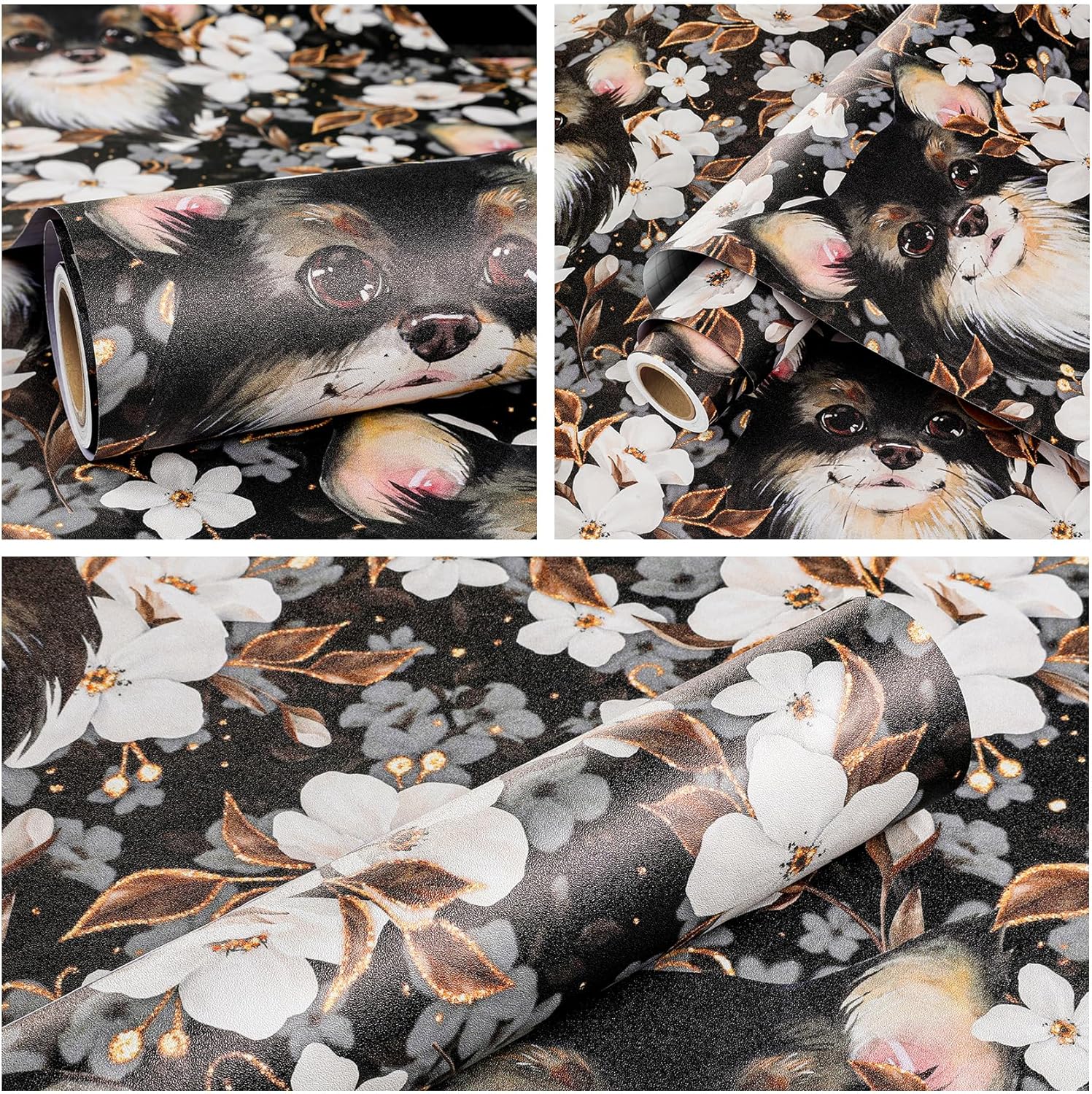 ReWallpaper Black and White Dog Wallpaper Peel and Stick Vintage Floral Contact Paper Removable Wall Mural with Chihuahua Pattern Wall Decor for Cabinets Kids Room Bathroom Accent Walls 17.5inX23ft