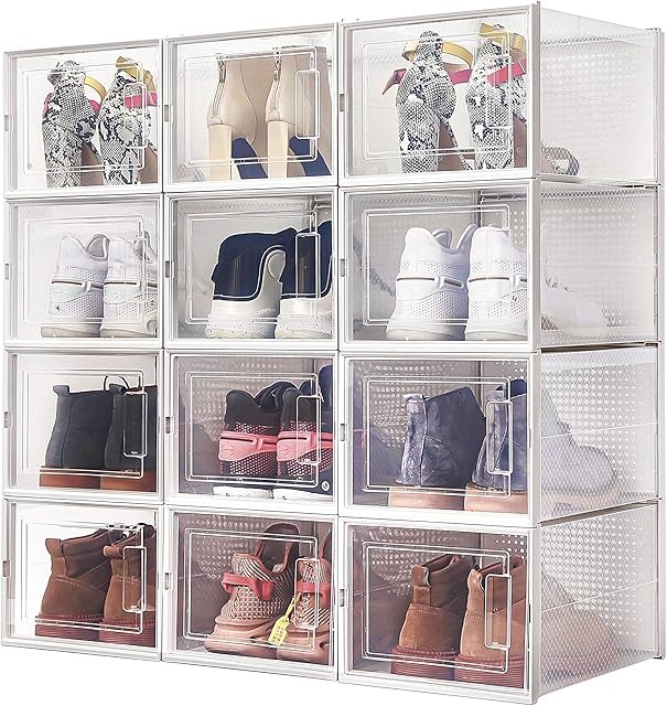 Meerveil Plastic Shoe Box, Stackable Shoe Boxes, L Size Up to UK 11, Shoe Boxes Set of 12, 36×28×21cm, Shoe Organizer with Door, DIY Easy Assembly, Transparent White