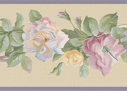 Dundee Deco DDAZBD9292 - Papel tapiz autoadhesivo para despegar y pegar, flores amarillas moradas, verdes, amarillas, en vides, diseño retro, 15 x 7