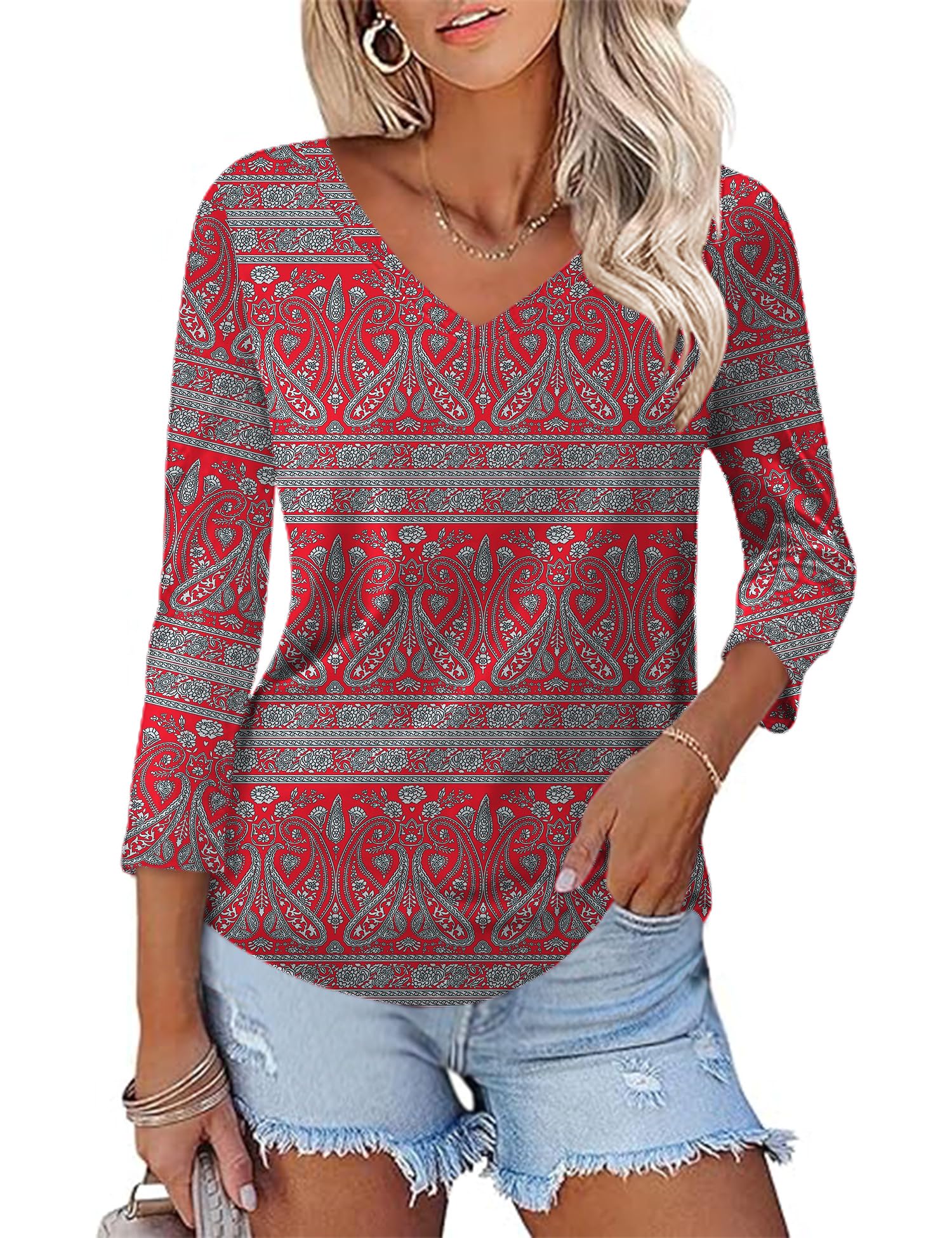 KTILG Women's V Neck T Shirts 3/4 Sleeve Blouse Summer Tops Dressy Casual Solid Basic Tees