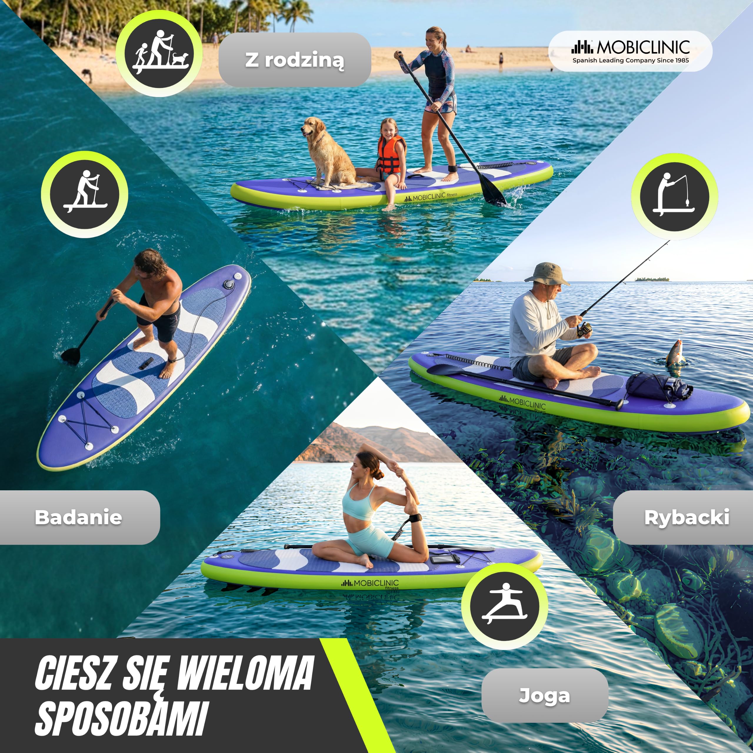 Mobiclinic®, Deska do Paddleboardingu, Zawiera Pompkę, Płetwy, Plecak, Wiosło, Etui na Telefon, Zestaw Naprawczy, 315x78x15 cm, Składana, do 150 kg, dla Dzieci, Dorosłych i Zwierząt Domowych, Stitch