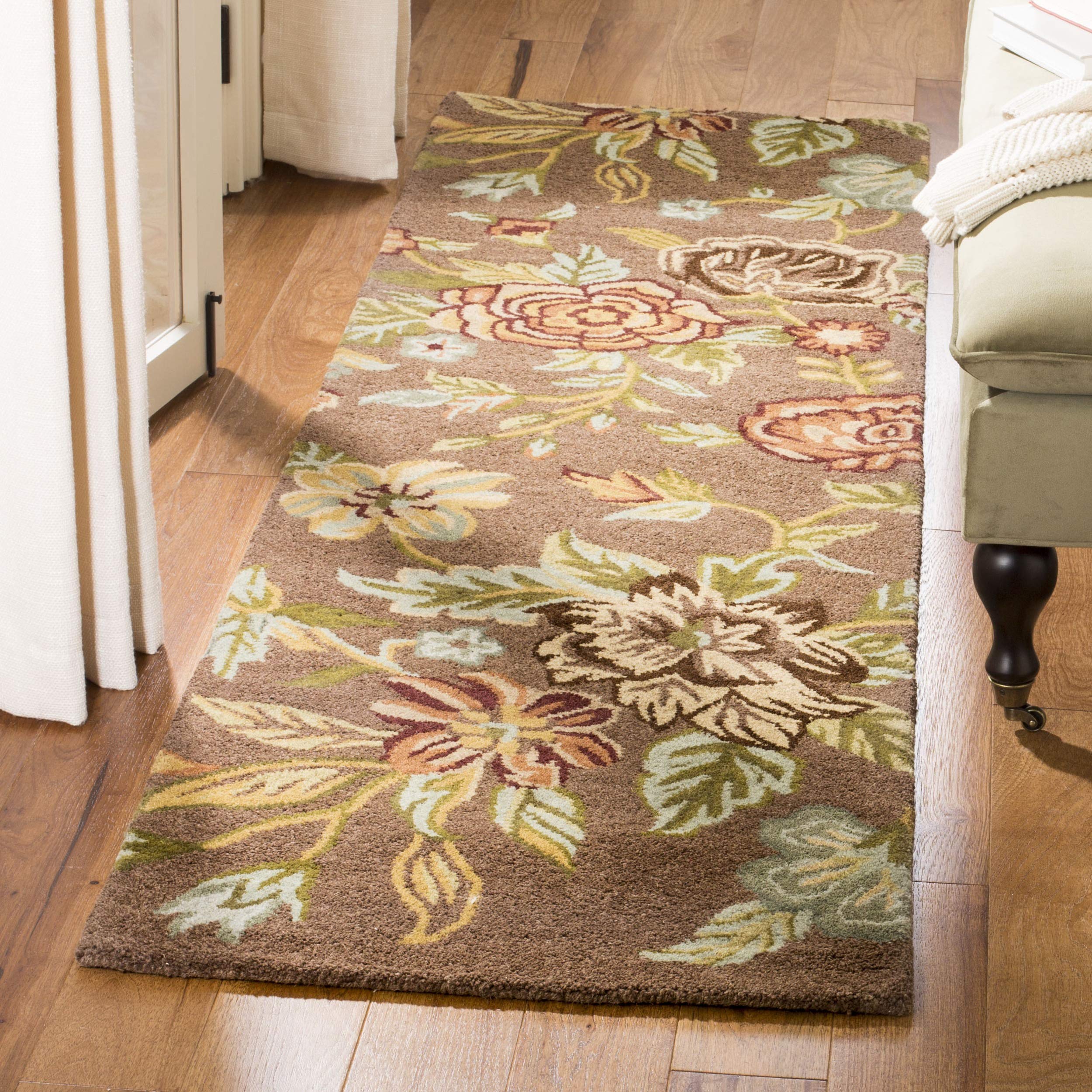 SafaviehBlossom Collection 2'3" x 8' Brown/Multi BLM920A Handmade Floral Premium Wool Runner Rug