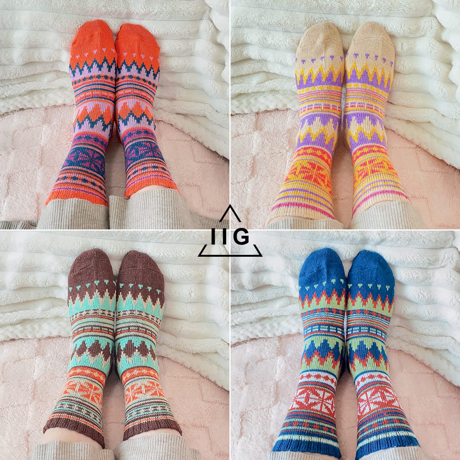 IIG 5 Pairs Women's Vintage Style Thick Wool Warm Winter Crew Socks: Multicolour13 - 5 Pairs
