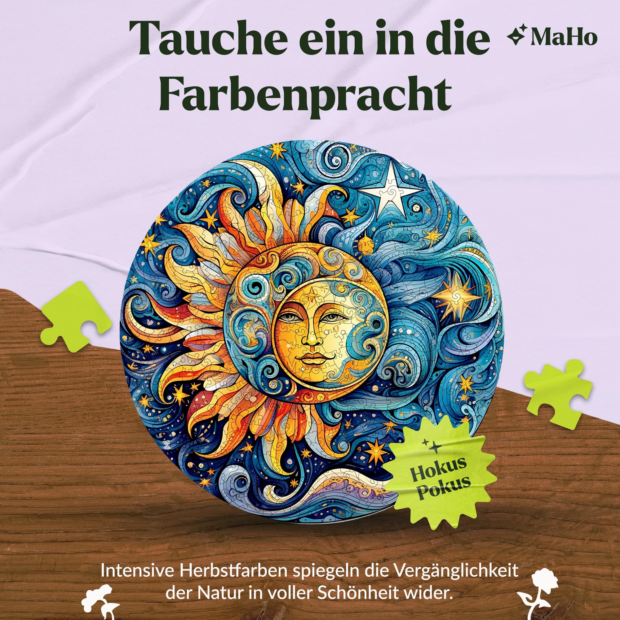 MagicHolz – Holzpuzzle Mandala Sonne und Mond – rundes Holz Puzzle Ø 47 cm – besondere Geschenkidee für Erwachsene – inkl.Premium Holzbox