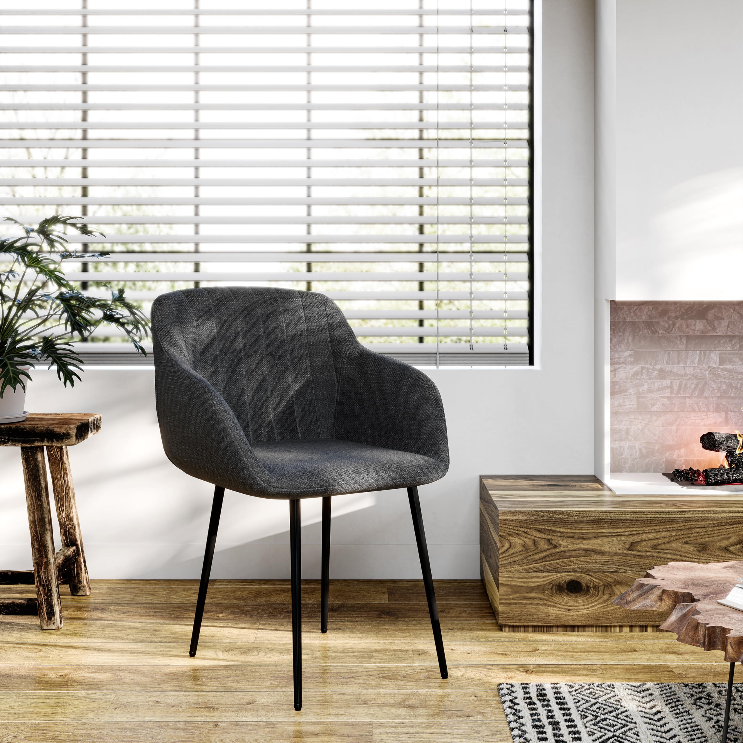 Goeurvant Set di 2 sedie da sala da pranzo con bracciolo, sedia da cucina, sala da pranzo, sedia da soggiorno con gambe in metallo e schienale, seduta in poliestere, Nero/Grigio