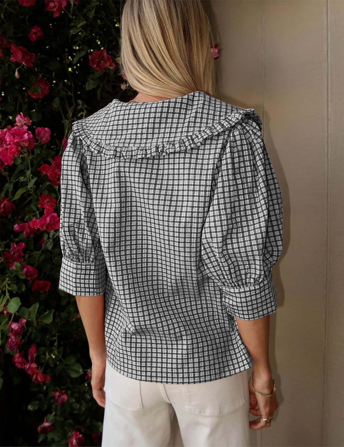 Daacee Women’s Plaid Blouse Oversized Ruffle Collar V Neck Puff Sleeve Button Down Plaid Shirts Trendy Gingham Tops - Image 4