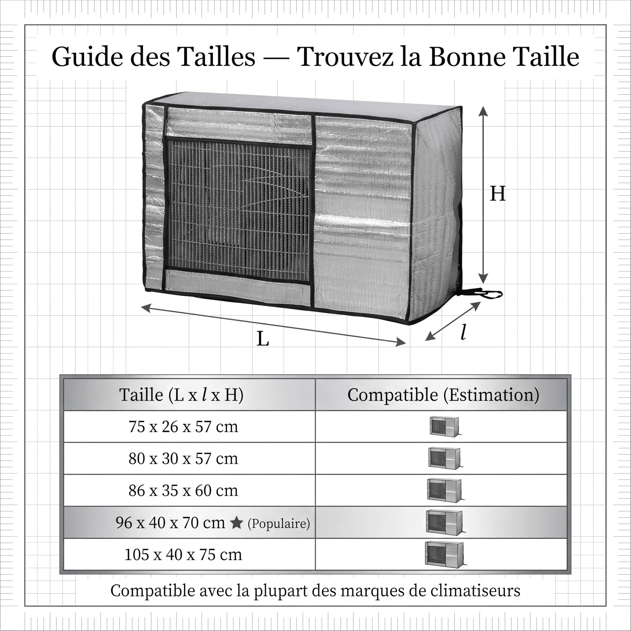 Housse de climatiseur, housse anti-poussière pour climatiseur extérieur, adaptée pour assurer les performances optimales de l'unité extérieure (96 x 40 x 70 cm)