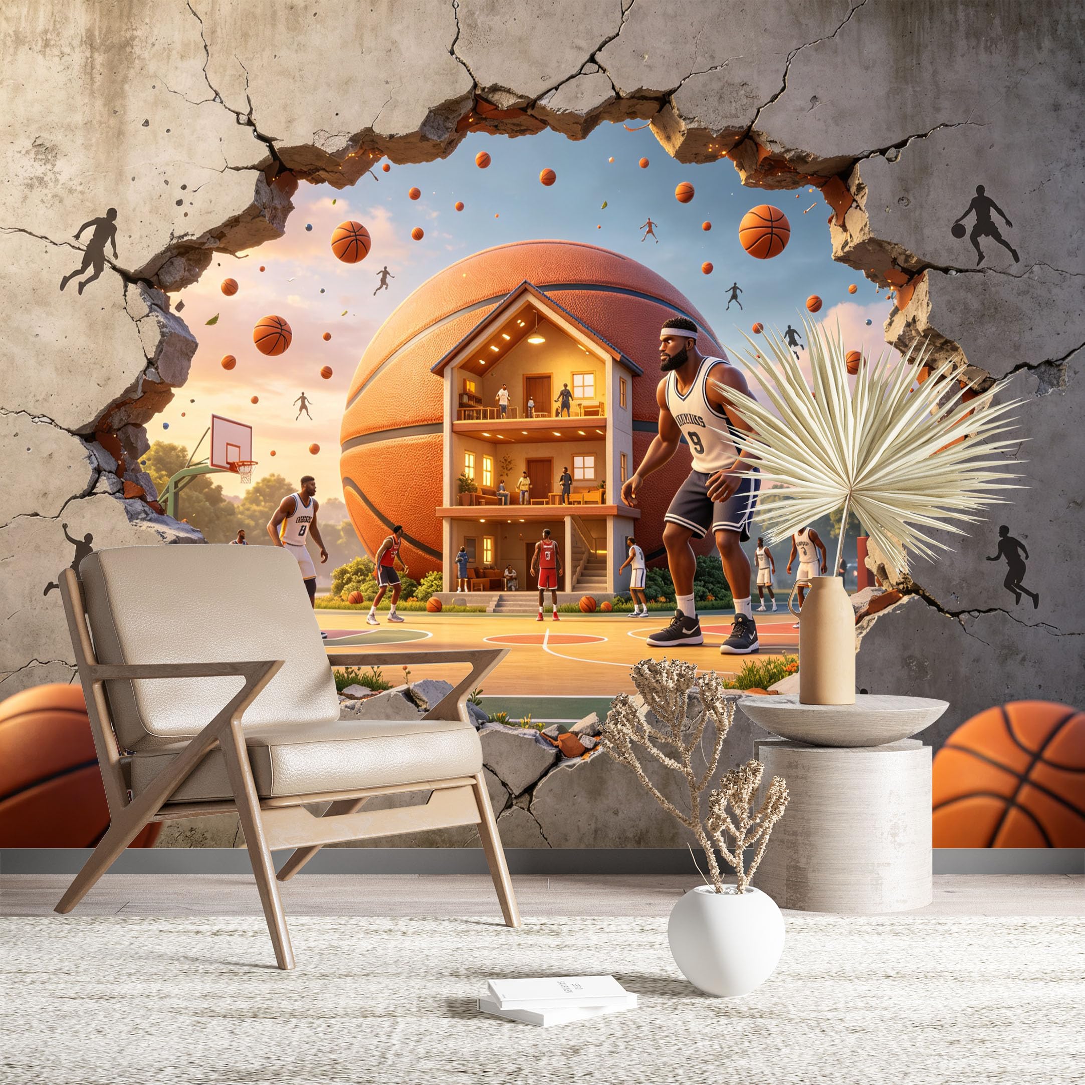 Custom Size Wall Murals Basketball Court Through Cracked Wall Wall Murals Sports Wallpaper Large Photo Wallpaper Self-Adhesive Removable Wallpaper for Living Room