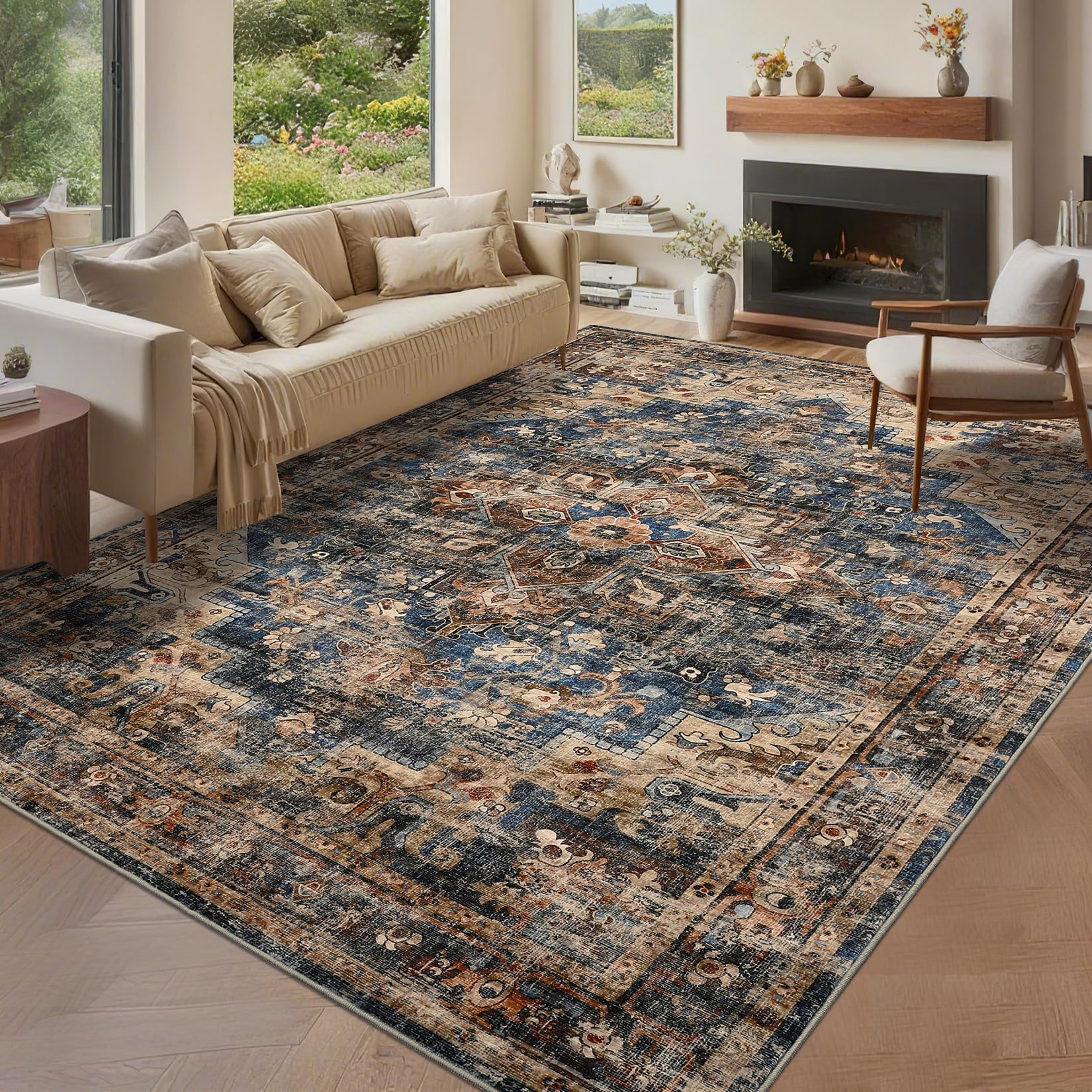 Washable Vintage Living Room Area Rug 160x230cm Vintage Machine Washable Area Rug for Living Room Indoor Large Non-Slip Bedroom Carpet Low Pile Stain Resistant Dining Room Carpet Blue&Brown