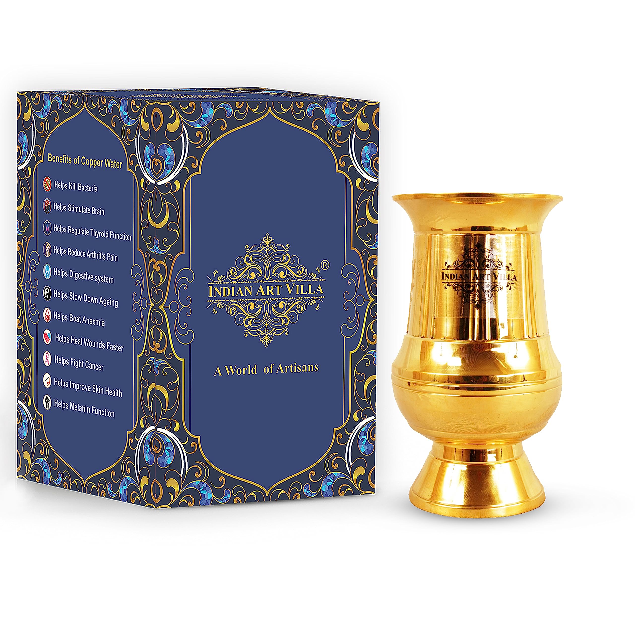 Indian Art Villa Handmade Royal Design Brass Glass Cup 7 Oz - Serving Drinking Water Home Hotel Restaurant Tableware Serveware