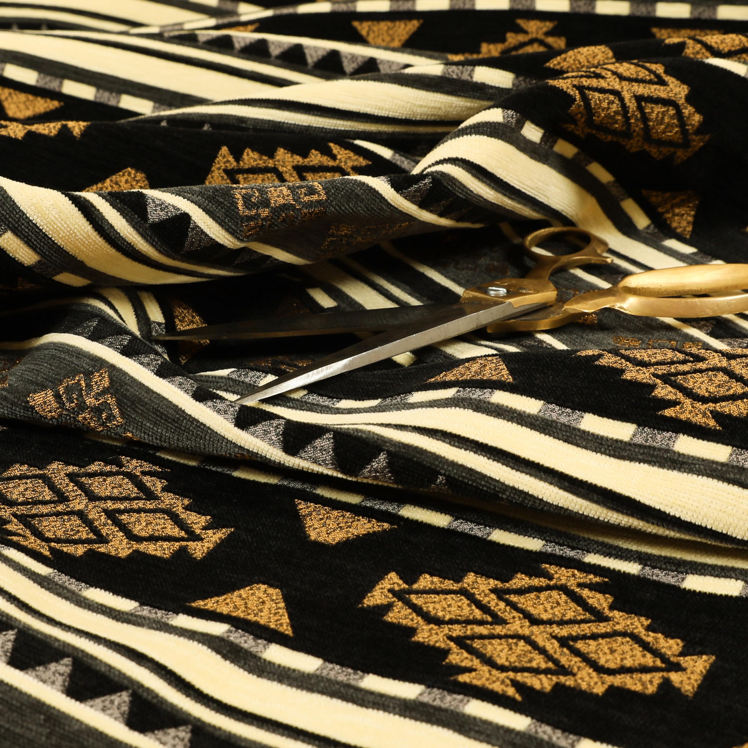 Redbrick Mill Fabrics Flame Retardant Soft Modern Geometric Kilim Pattern Grey Black Gold Upholstery Furnishing Fabric (Per Metre)