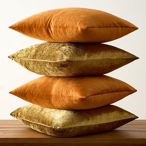 Miniatura 5 de GIGIZAZA Juego de 4 fundas de almohada de terciopelo dorado y naranja de 18 x 18 pulgadas, fundas decorativas suaves y cuadradas modernas para sofá