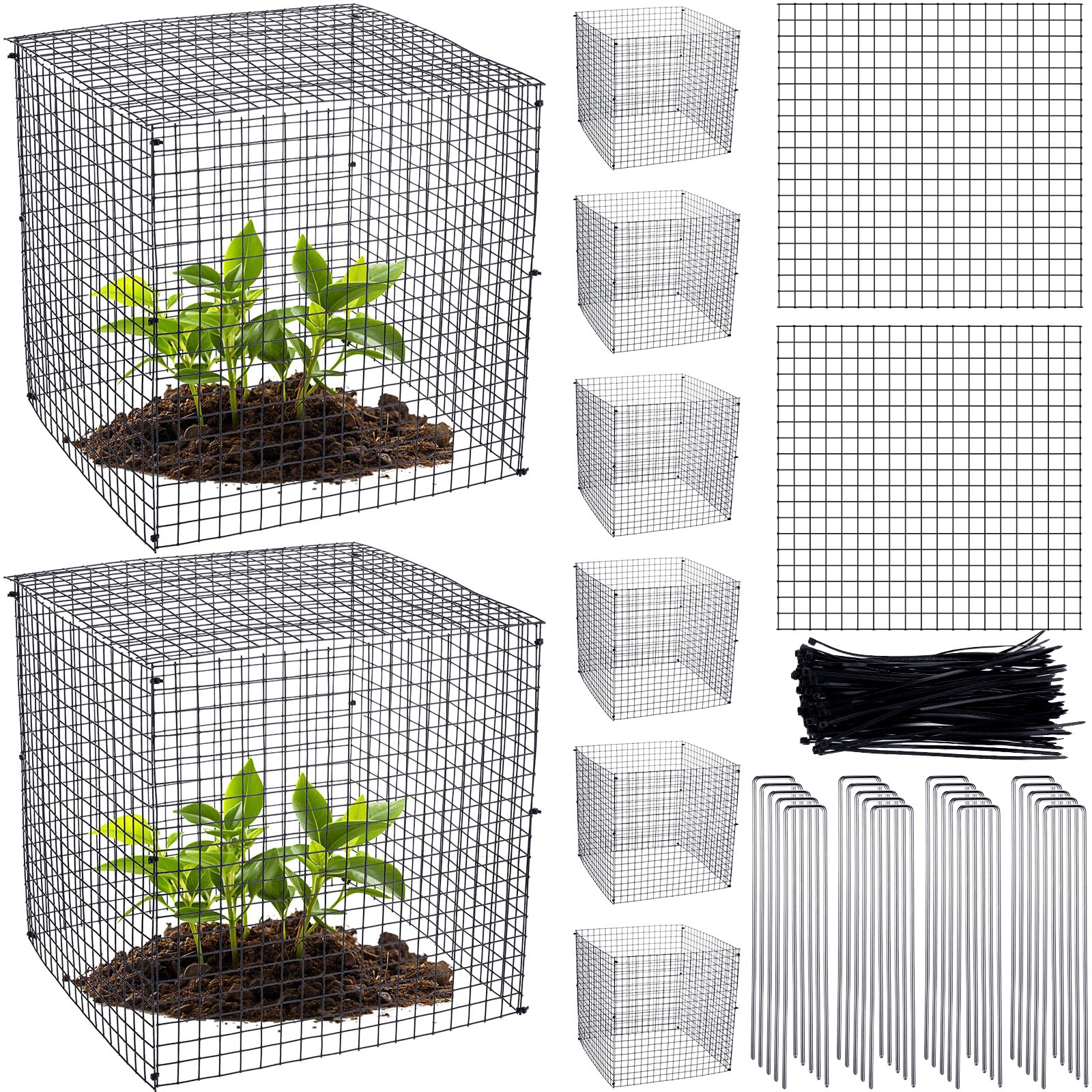 Zubebe 8 Pack Small Wire Plant Protectors Square Plant Protectors from Animals Mesh Cage Chicken Wire Cloche for Shrubs and Vegetables with Ground Stakes and Nylon Ties (12 x 12 Inch), SIMILAR TO STOCK PHOTOS
