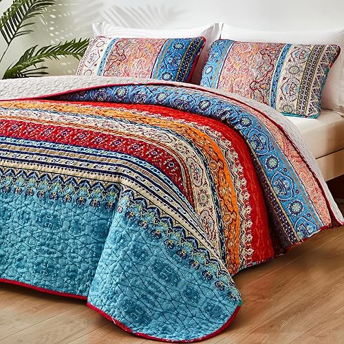 Vista 196 de WONGS BEDDING Juego de edredón bohemio tamaño Queen Aqua, juego de colcha de 3 piezas a rayas, de microfibra ligera y suave bohemia para todas