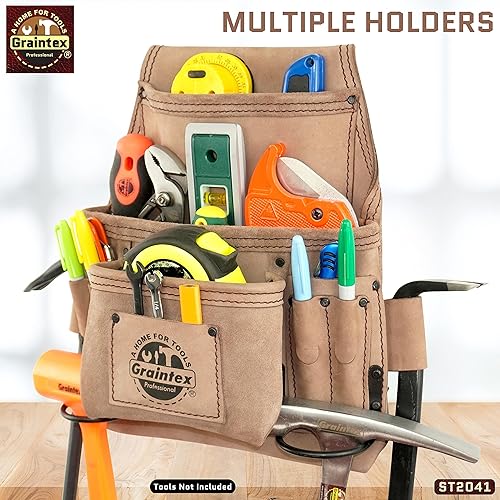 Miniatura 10 de Graintex ST2041 - Bolsa de 9 bolsillos para uñas y herramientas de cuero natural de grano superior para enmarcadores, constructores, electricistas,