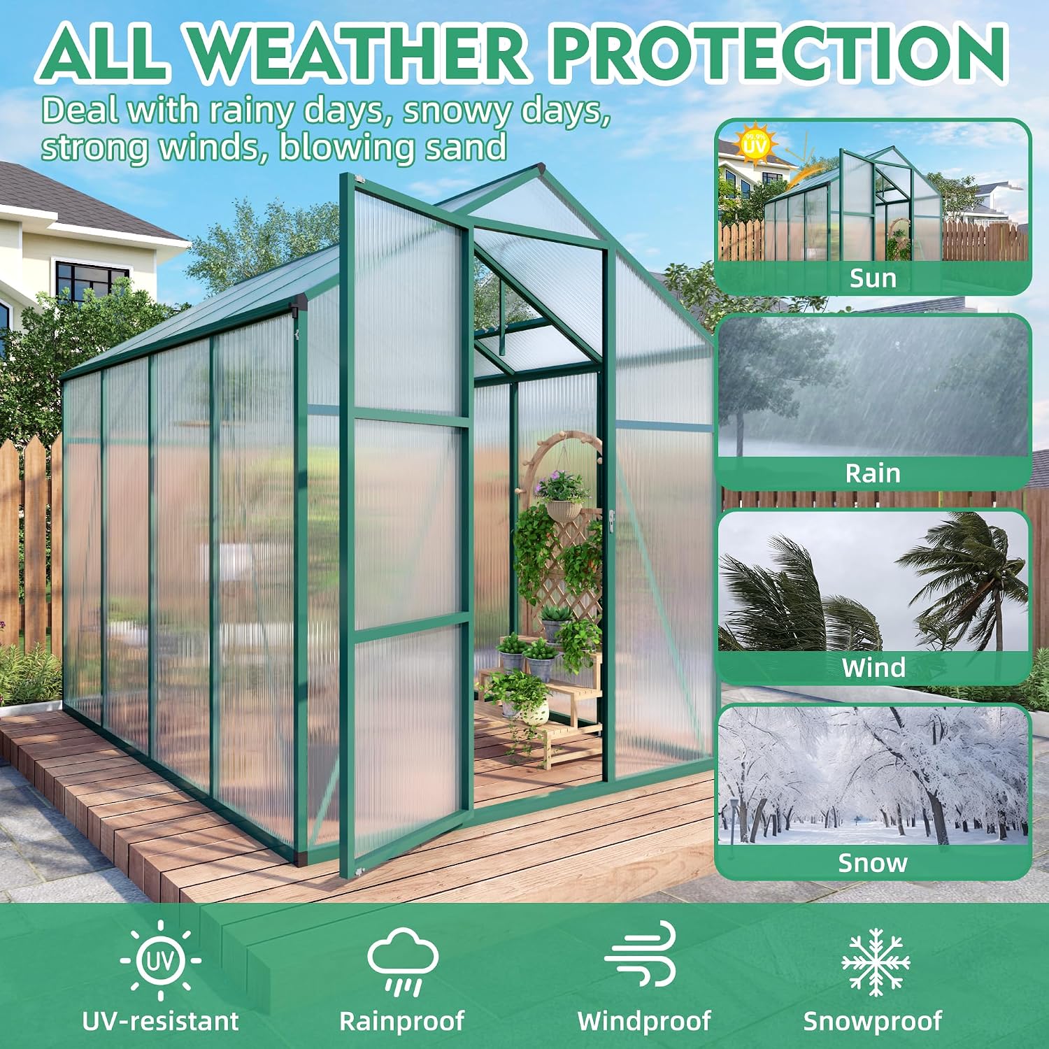 6x8 FT Greenhouse, Heavy Duty Polycarbonate Greenhouses for Outdoors with Thicken Sturdy Aluminum Frame, Walk-in Green House with Stakes, Ropes, Roof Vent, for Outside Garden Backyard, Patio, Green