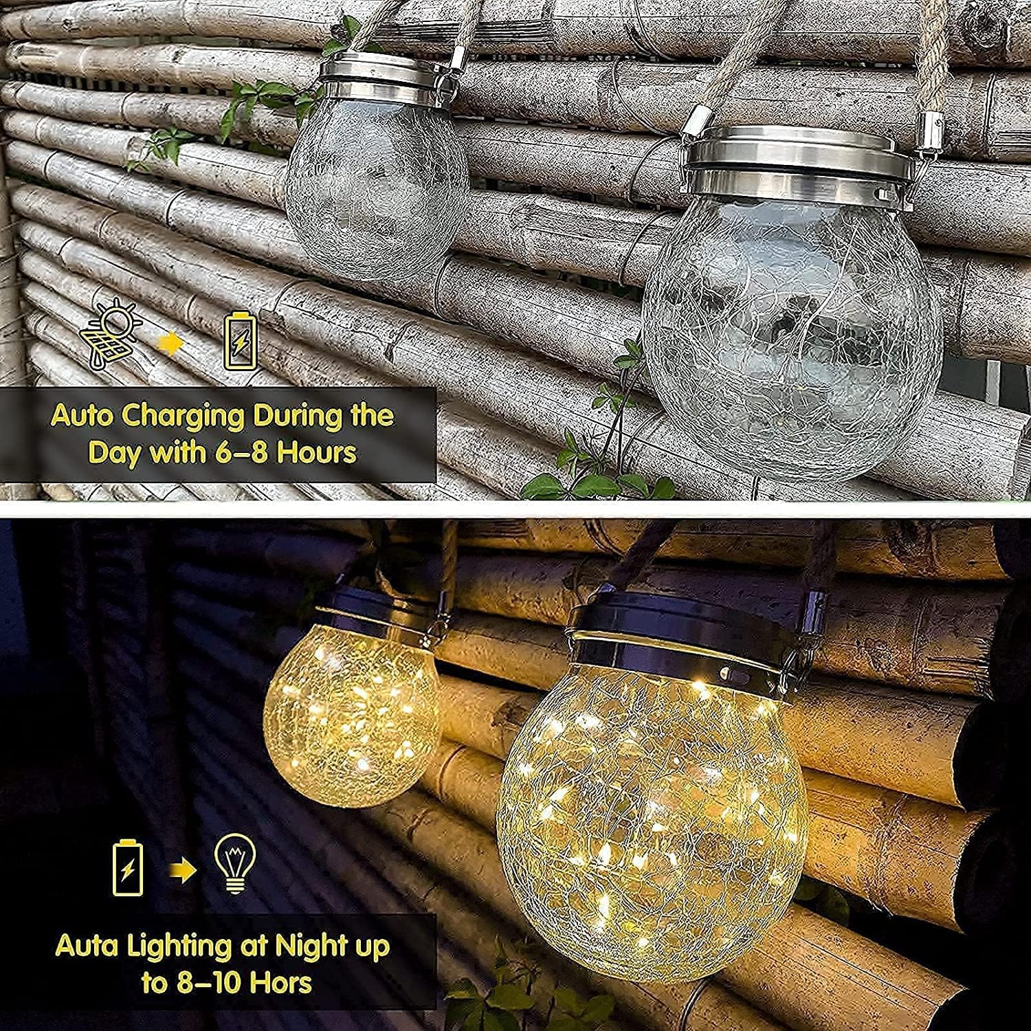 Lanterna solare a sfera in vetro craquelé, confezione da 2 luci solari da appendere per esterni, impermeabili, con 30 LED bianco caldo, decorazione per esterni, patio, cortile, prato, vialetto