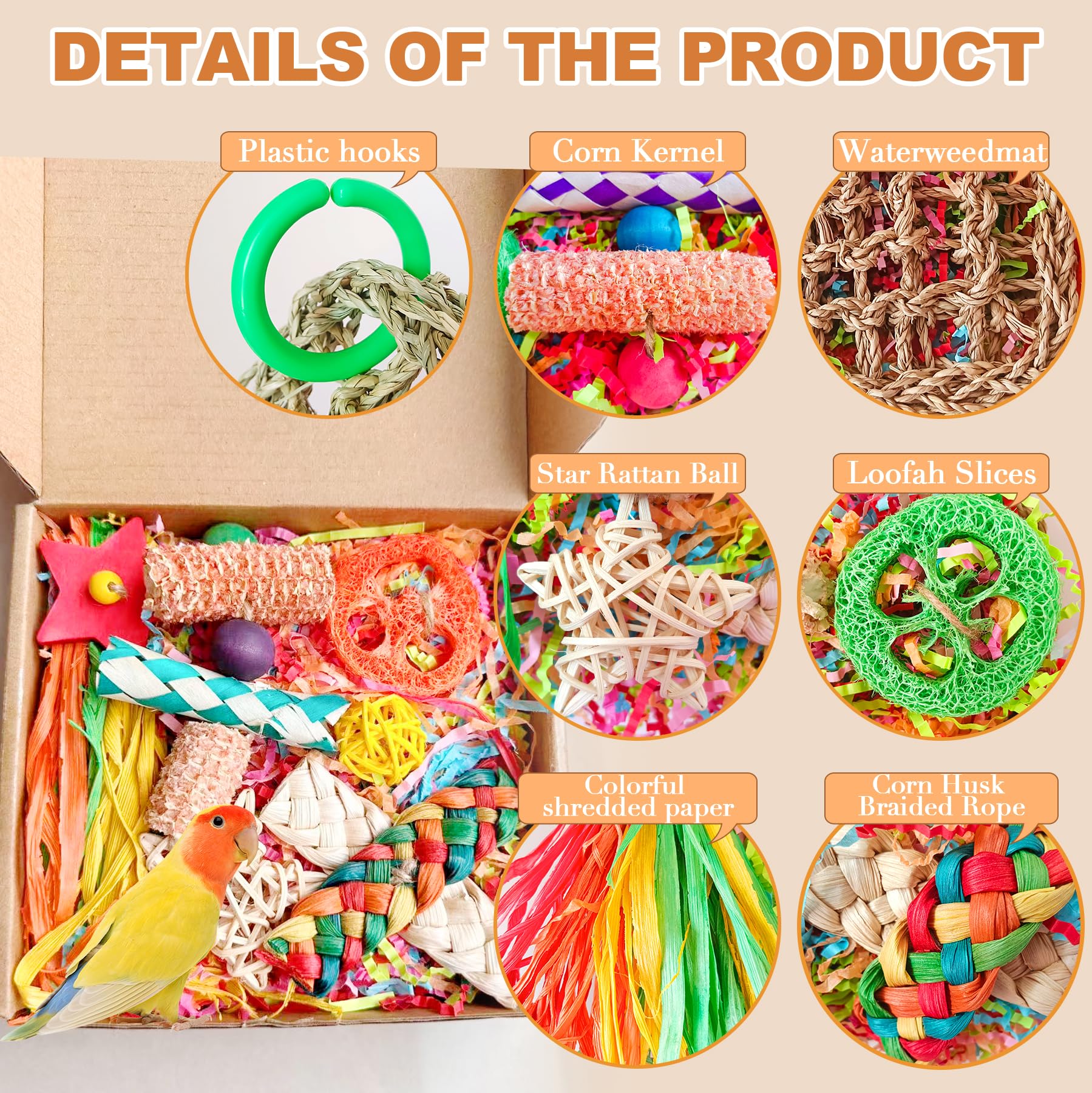 Parakeet Toys, Bird Toy Conure Grass Mat Budgie Shredder Hanging Set Cockatiel Foraging Toys Parrot Climbing WallToy Lovebird Cage Accessories for Small Birds (360 Spinning Toy) - image 2