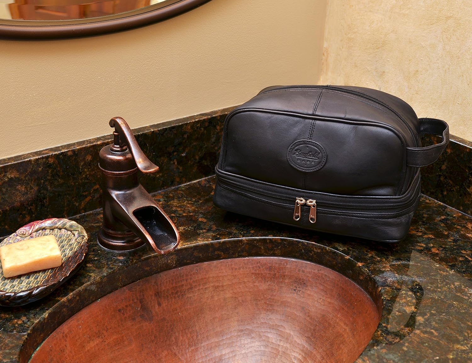 Mens Toiletry Bag Shaving Dopp Kit For Travel by Bayfield Bags (Black) Bottom Storage Holds More-Leather Toiletry Bag For Men-Bathroom Shower Bag For Grooming Mens Toiletries : Beauty & Personal Care