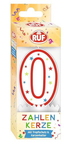 RUF - Vela con número 0, color rojo con estrellas de colores, vela de aniversario de con protección antigoteo, ideal para decoración de tartas, 1 unidad