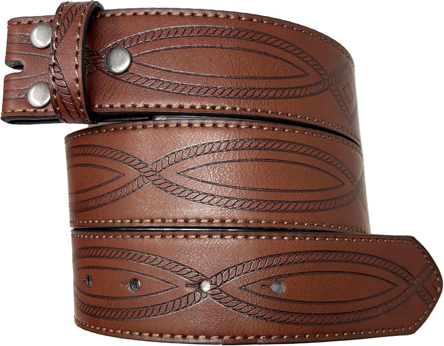 BC Belts Leather Belt Strap with Fancy Saddle Stitch Embossed Western Pattern 1.5" Wide with Snaps - Replacement Strap