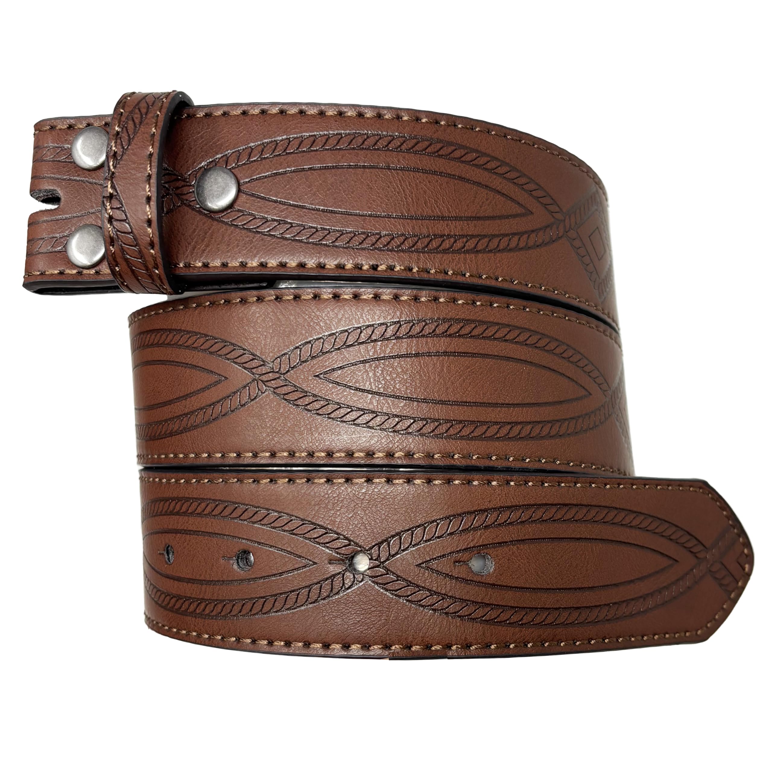 BC Belts Leather Belt Strap with Fancy Saddle Stitch Embossed Western Pattern 1.5" Wide with Snaps - Replacement Strap