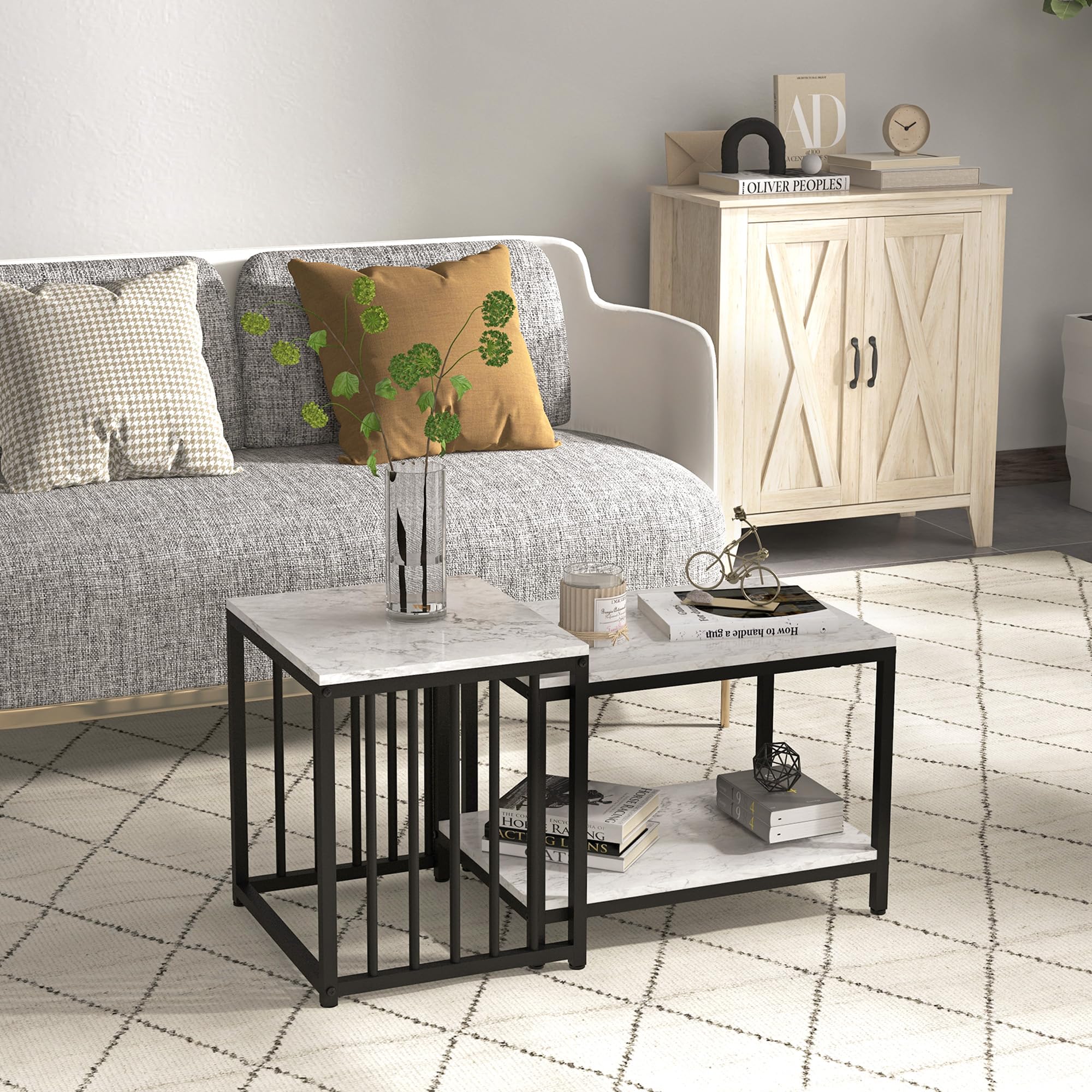 HOMCOM Lot de 2 Tables d'appoint Tables gigognes Tables Basses empilables avec Plateau Aspect Bois Effet marbre Cadre en métal Noir