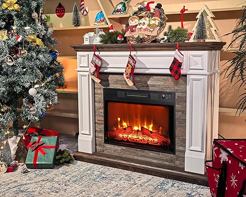Miniatura 3 de LGHM Chimenea eléctrica de 44 pulgadas con chimenea, calentador de estufa de leña portátil independiente, efecto realista de llama bailarina 3D y