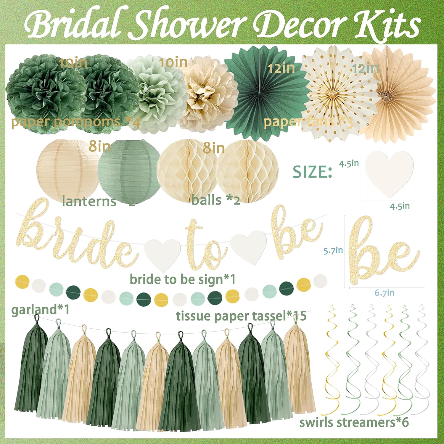 Sage Green Bridal Shower Decorations Bachelorette Party Decorations- Bride To Be Banner, Olive Sage Green Paper Lanterns, Streamers, Tissue Pom Poms, Boho Paper Tassel, Rustic Backdrop Decor