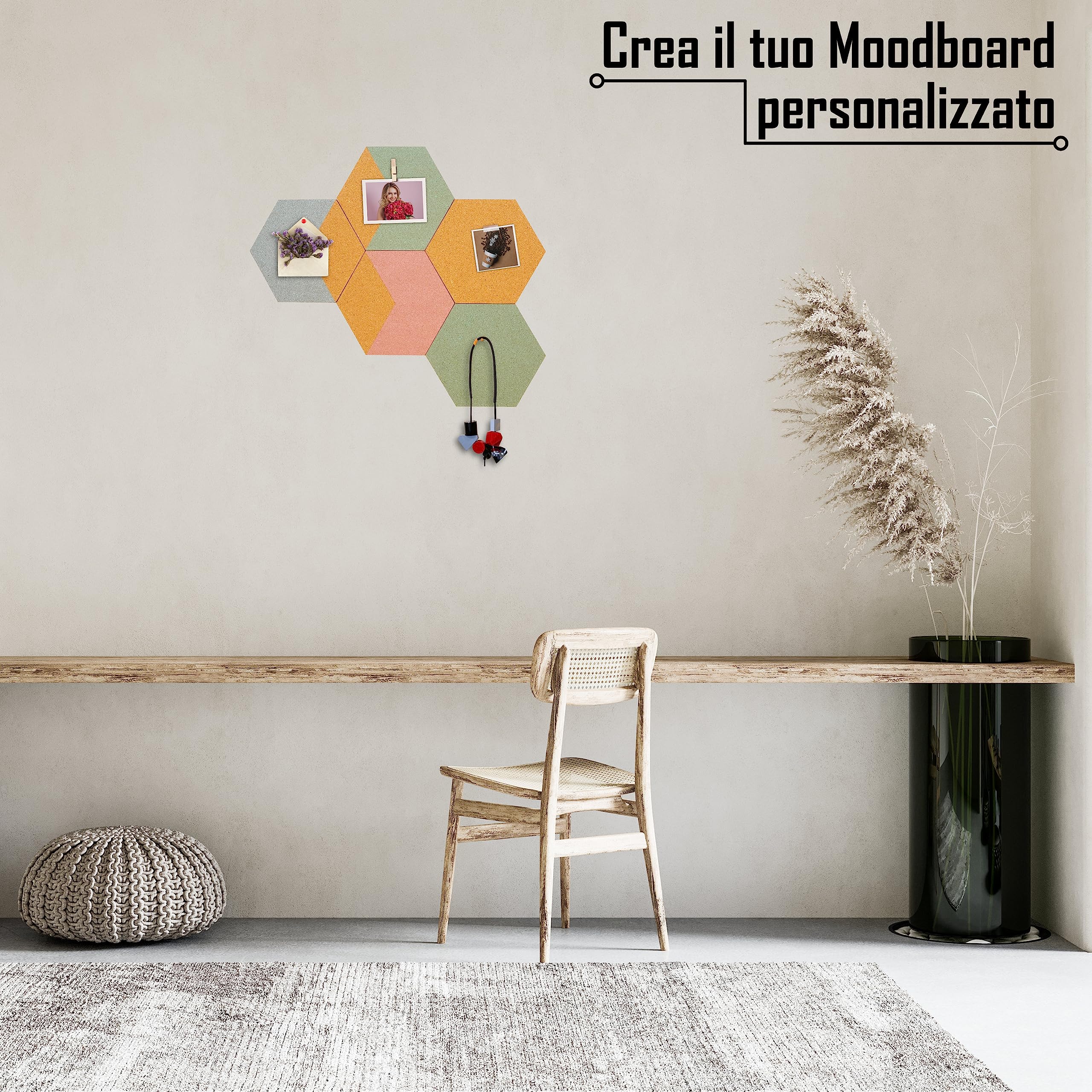Pannello Esagonale in Sughero Adesivo per Decorazione Parete (5 Pezzi) - Quadro Decorativo Con Puntine e Pinze - Piastrelle in Vero Sughero per Moodboard
