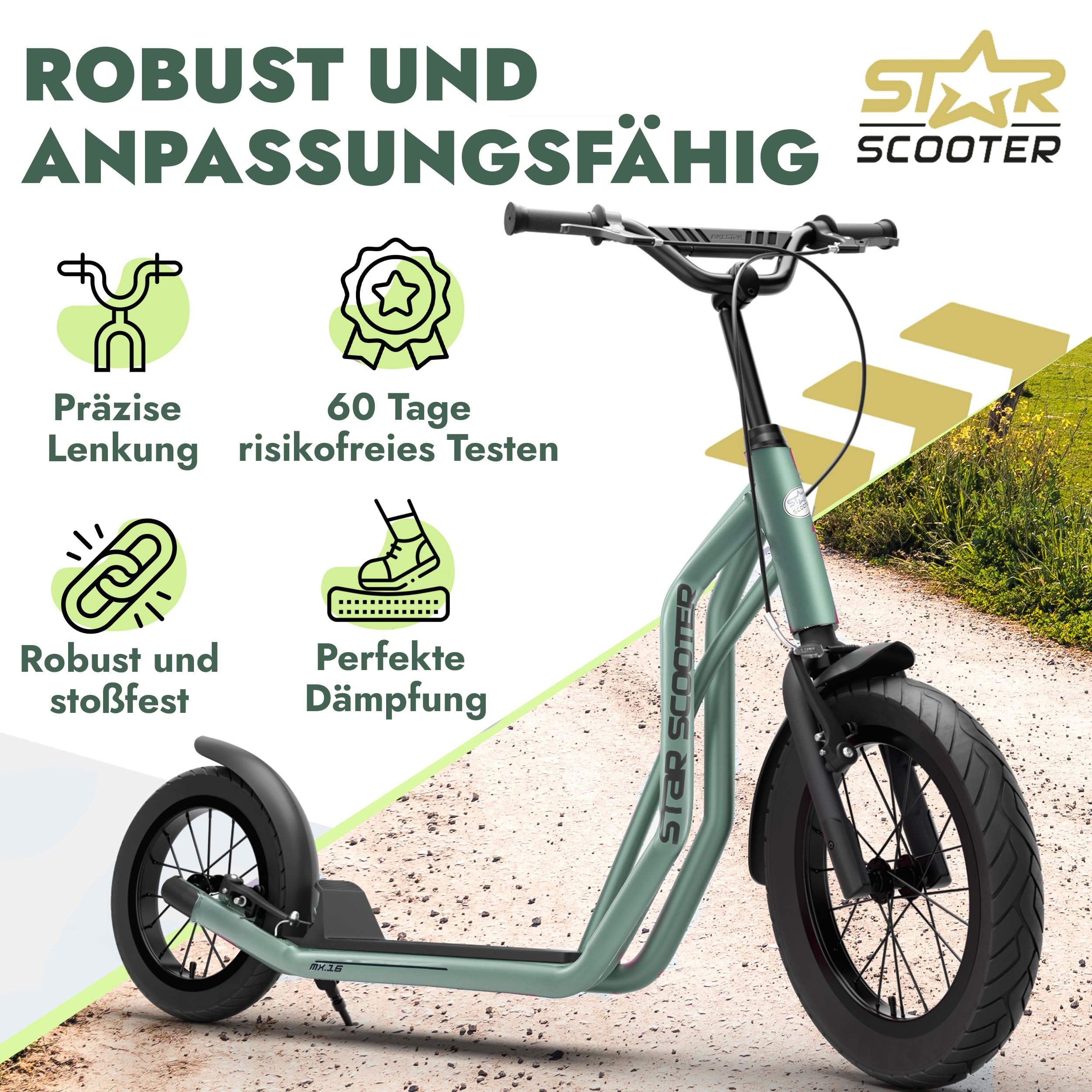STAR SCOOTER Kinder Tret Roller ab 7-8 Jahre | 16/12 Zoll Mixed City Kick Scooter Luftreifen