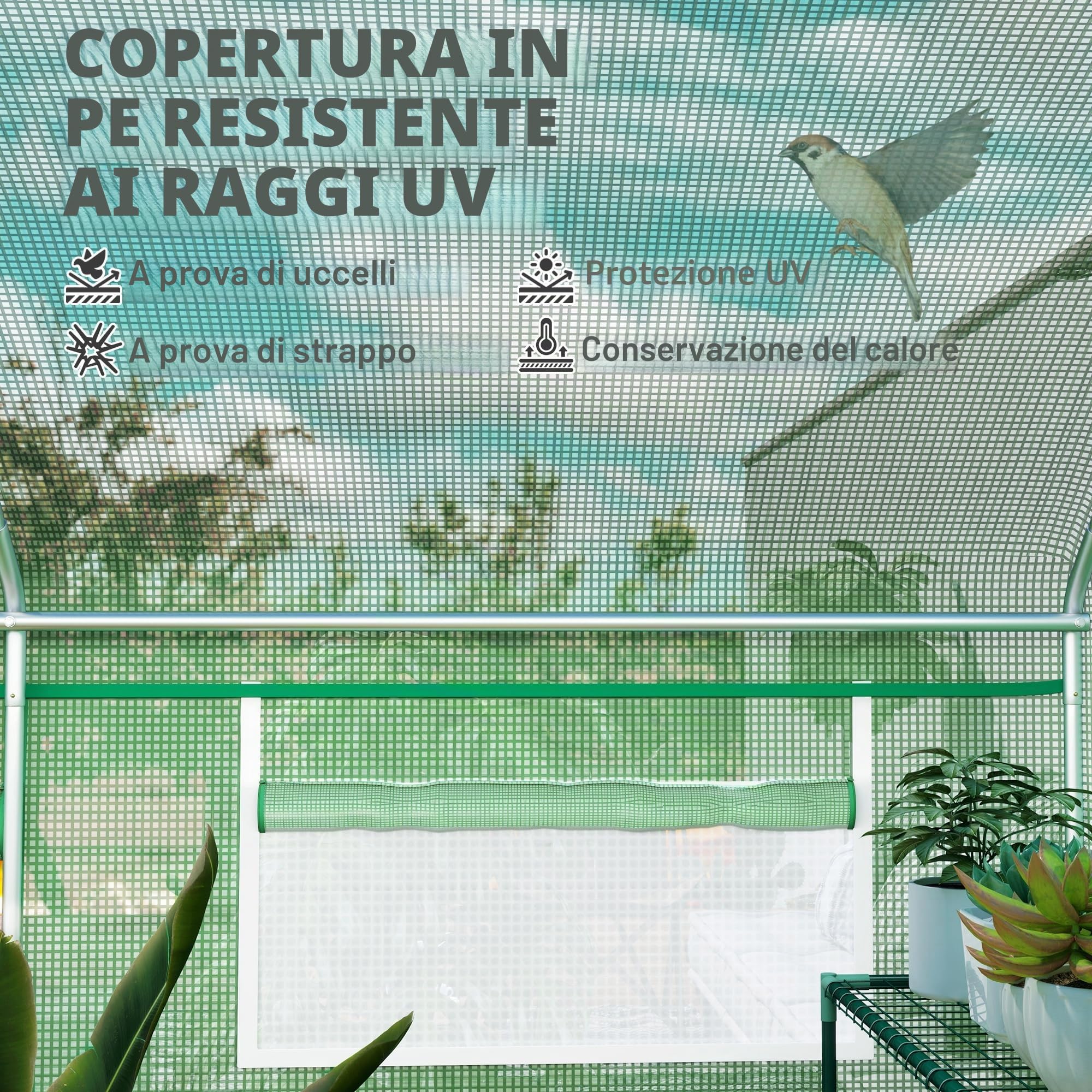 Outsunny 4 x 3 x 2m Serra a tunnel e serra tunnel Verde | Finestre a rete, tenda serra tunnel giardino, copertura PE resistente ai raggi UV, telaio in acciaio galvanizzato