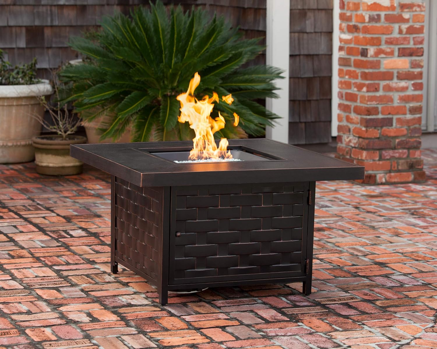 Fire Sense 62572 Armstrong Aluminum Convertible Gas Fire Pit Table 55,000 BTU Outdoor Multi-Functional Fire Pit with Fire Bowl Lid, Nylon Weather Cover & Clear Fire Glass - Bronze Finish - Square