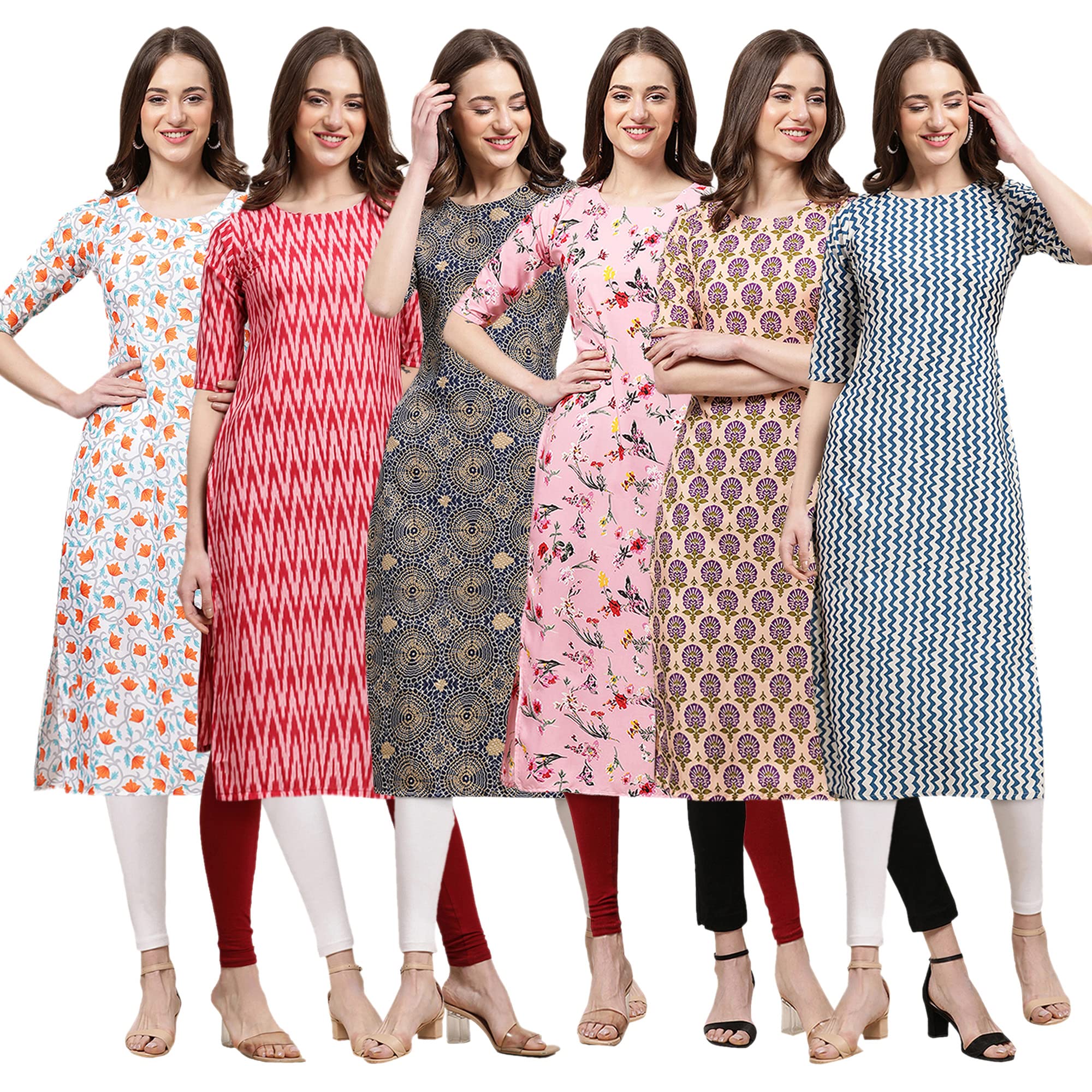 Pinkmint Women's Crepe Digital Print Straight Kurta [Pack Of 6]