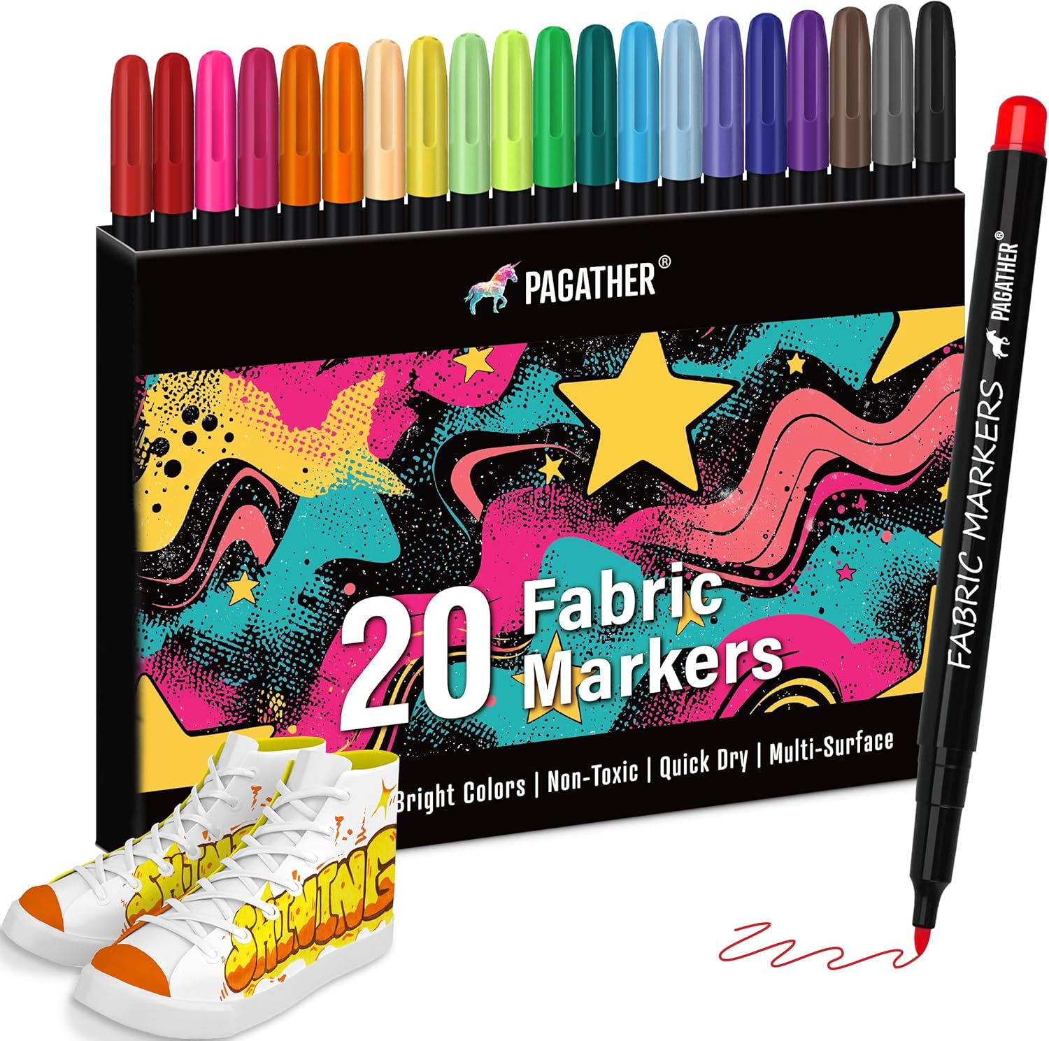 Fabric Markers Permanent for Clothes, 20 Colors Fine Tips Paint Pens for Clothing Canvas Tote Bags T-Shirt and Shoes, Non Toxic Ink for Kids and Adults