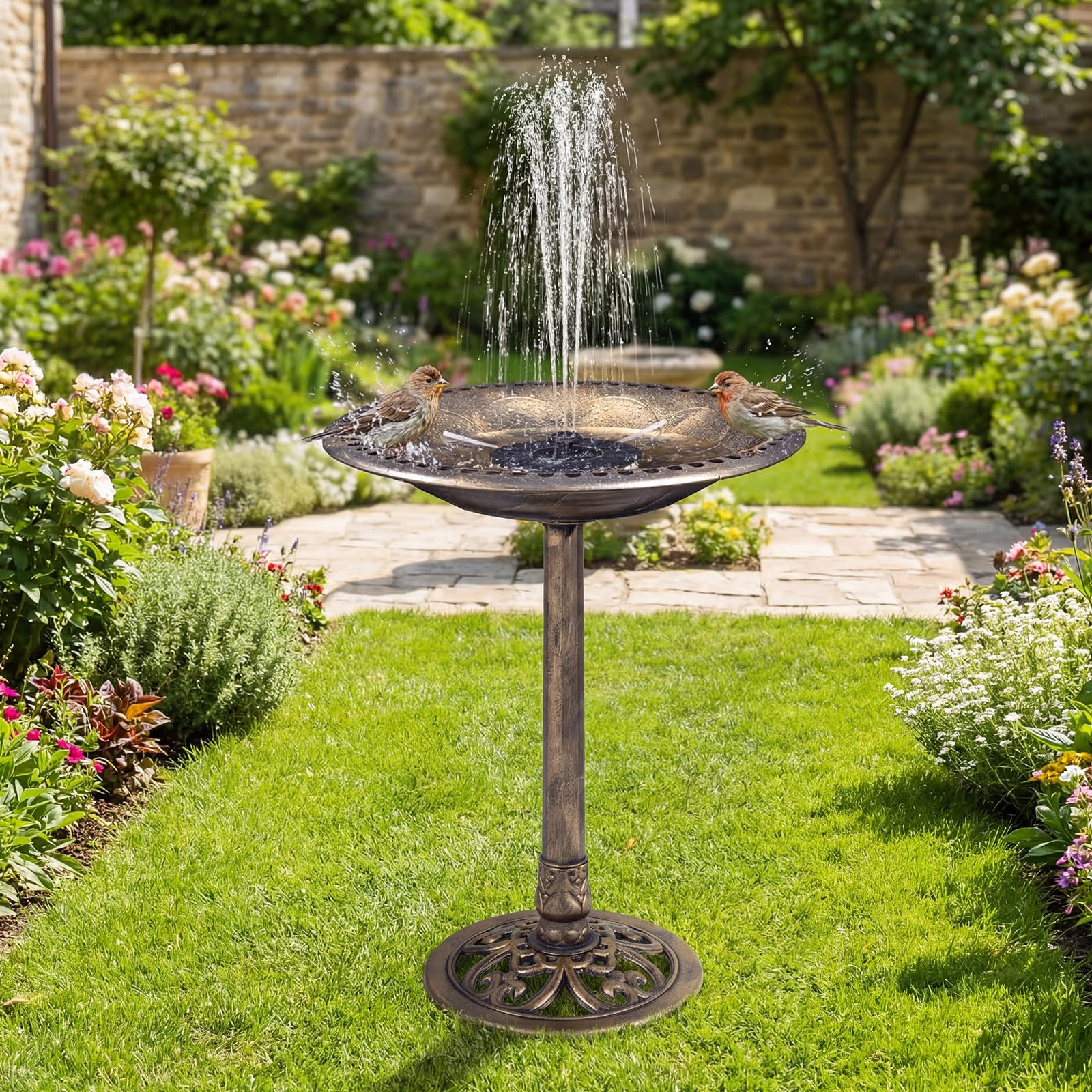 COSTWAY Mangiatoia per Uccelli da Esterno 2 in 1, Fontana con 6 Ugelli, Resistente alle Intemperie per Giardino