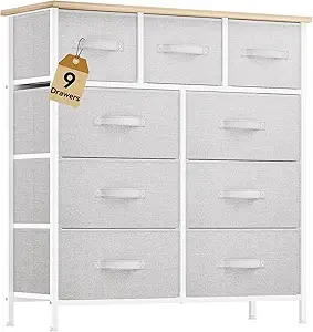 DWVO 9 Drawer Dresser, Light Gray Fabric Storage Tower, Tall Organizer Unit for Room, Living Room, Hallway, Closets - Sturdy Steel Frame, Wooden Top & Easy Pull Bins