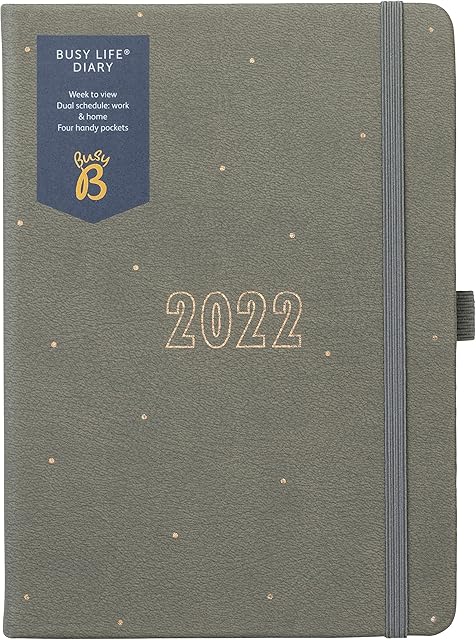 Busy B Busy Life Diary January to December 2022 - A5 Grey Faux Leather Week to View Planner with Dual Schedules, Pen Holder and Pockets