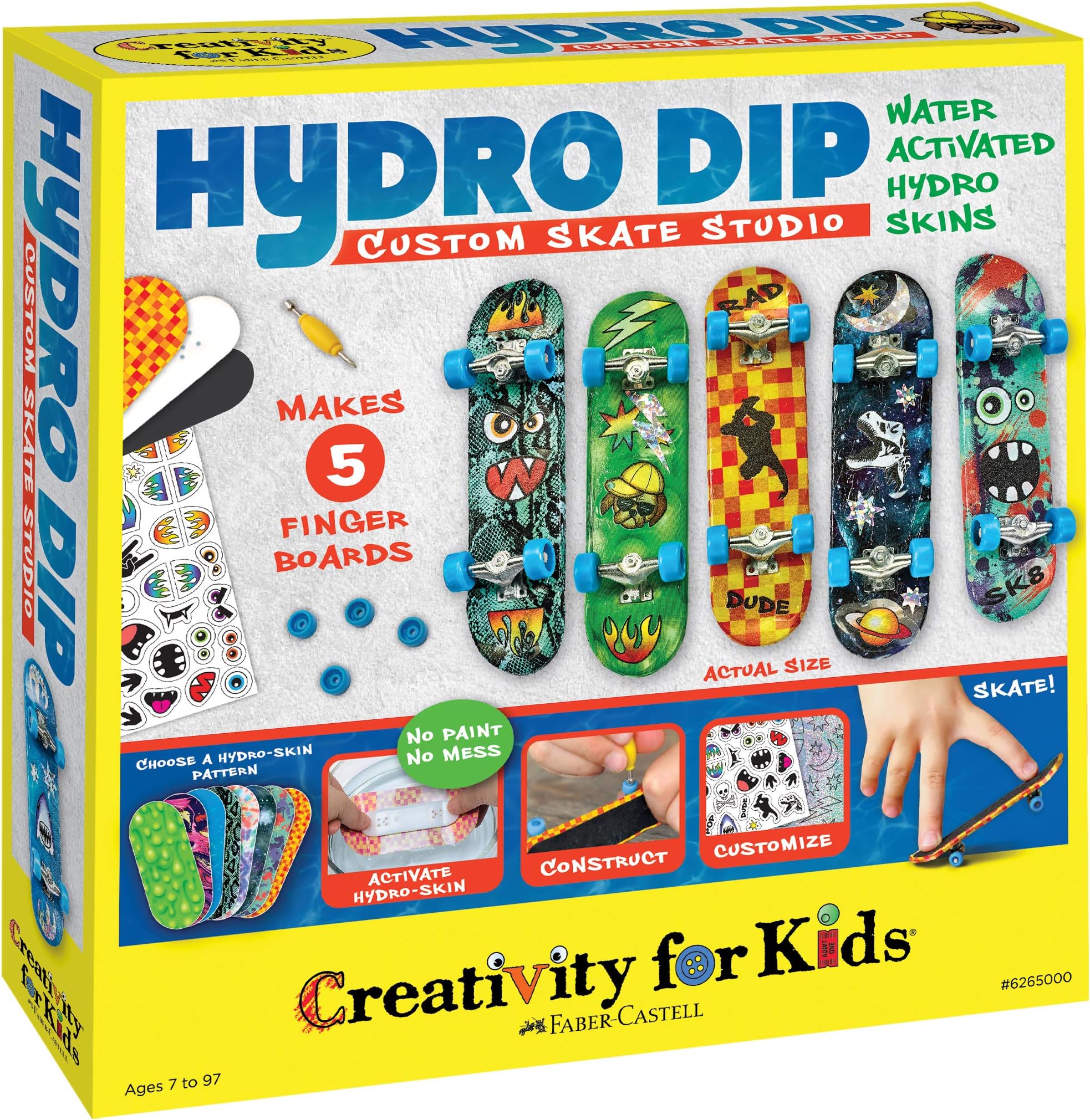 Creativity for Kids Hydro-Dip Custom Skate Studio – Mini Finger Skateboards for Kids – Customize 5 Skate Decks