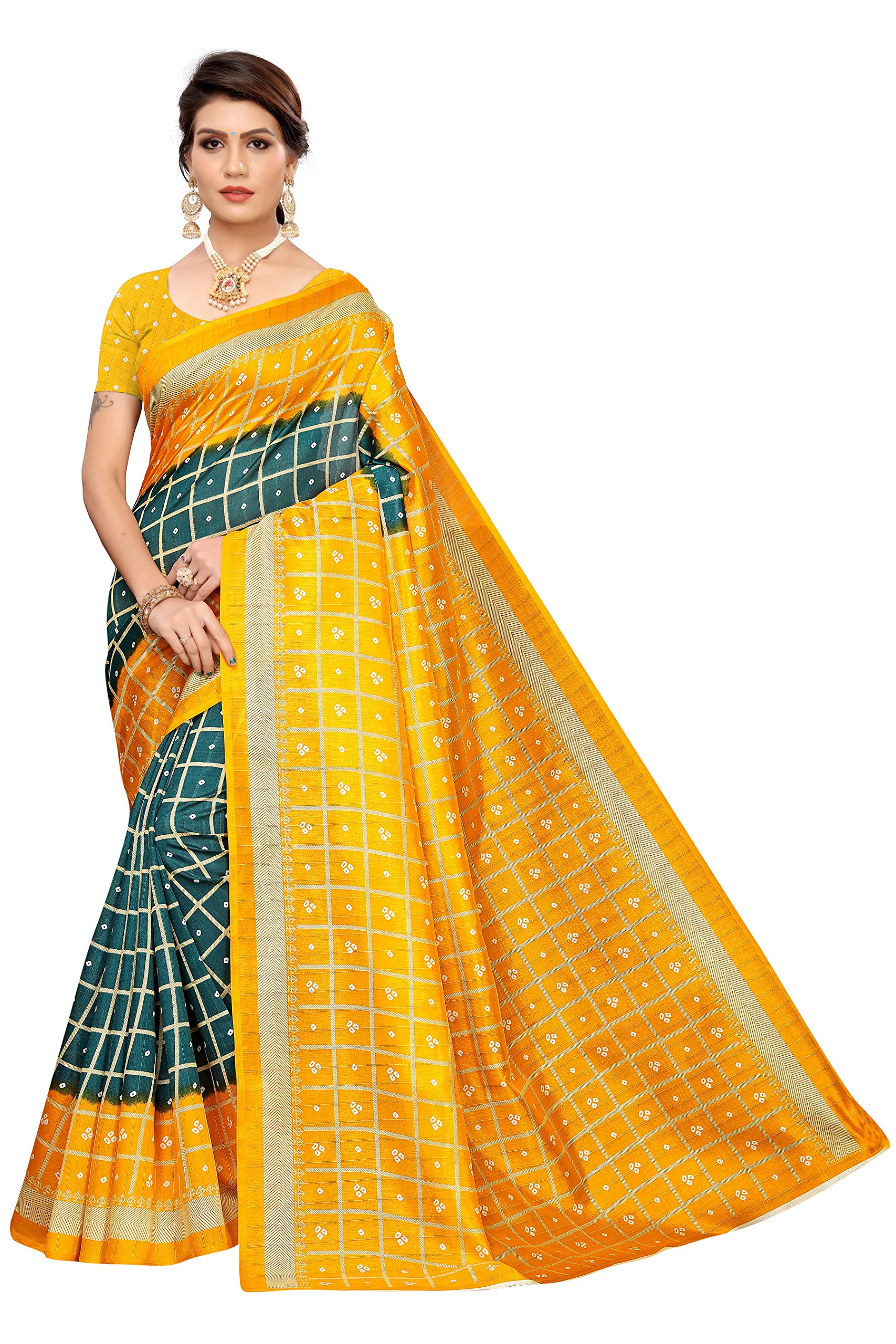 VRUTI FASHION Women's Silk Saree with Blouse Piece (Yellow & Green)
