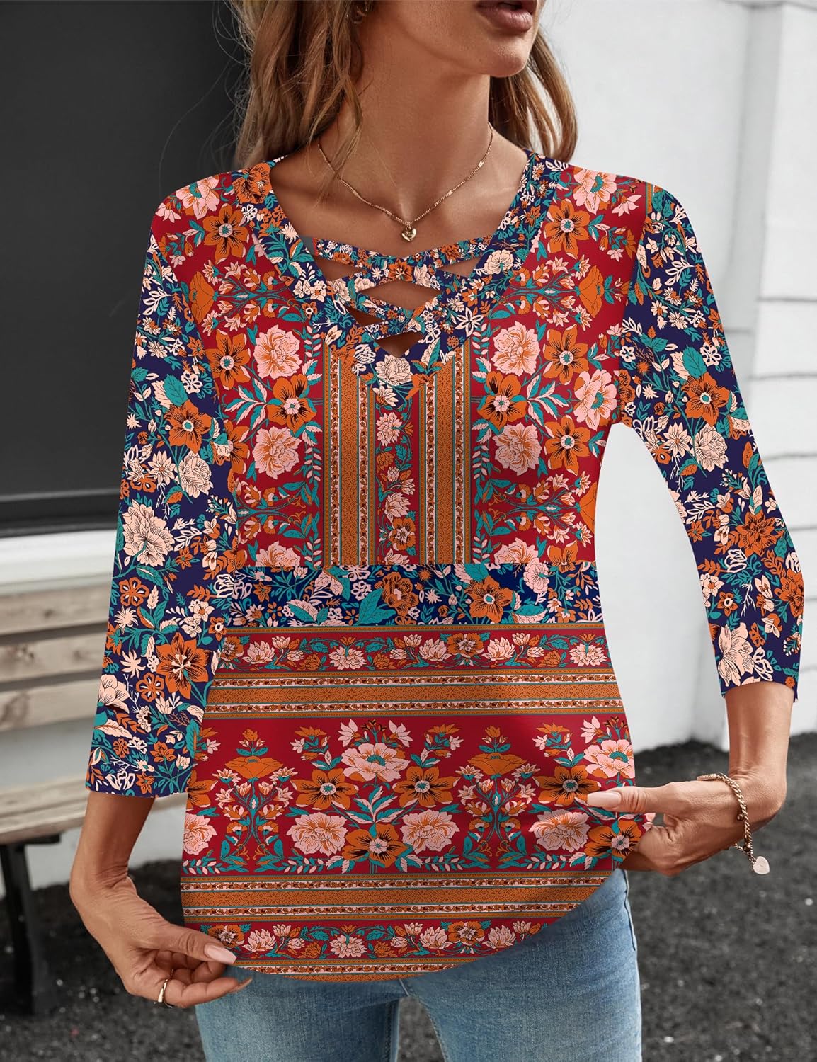 Rapbin Women Blouses Dressy Casual Spring Tops 3/4 Length Sleeve Womens T Shirts V Neck Criss Cross Tees - Image 4