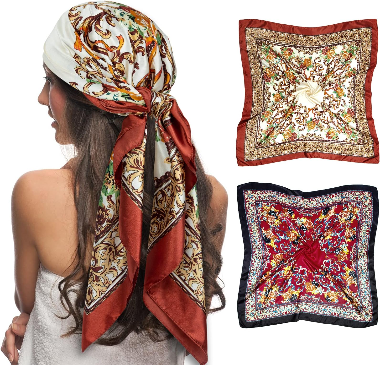 Senker Fashion 35" Head Scarf for Women, Pirate Costume Accessories Silk Red Bandana for Hair Wrapping and Sleeping