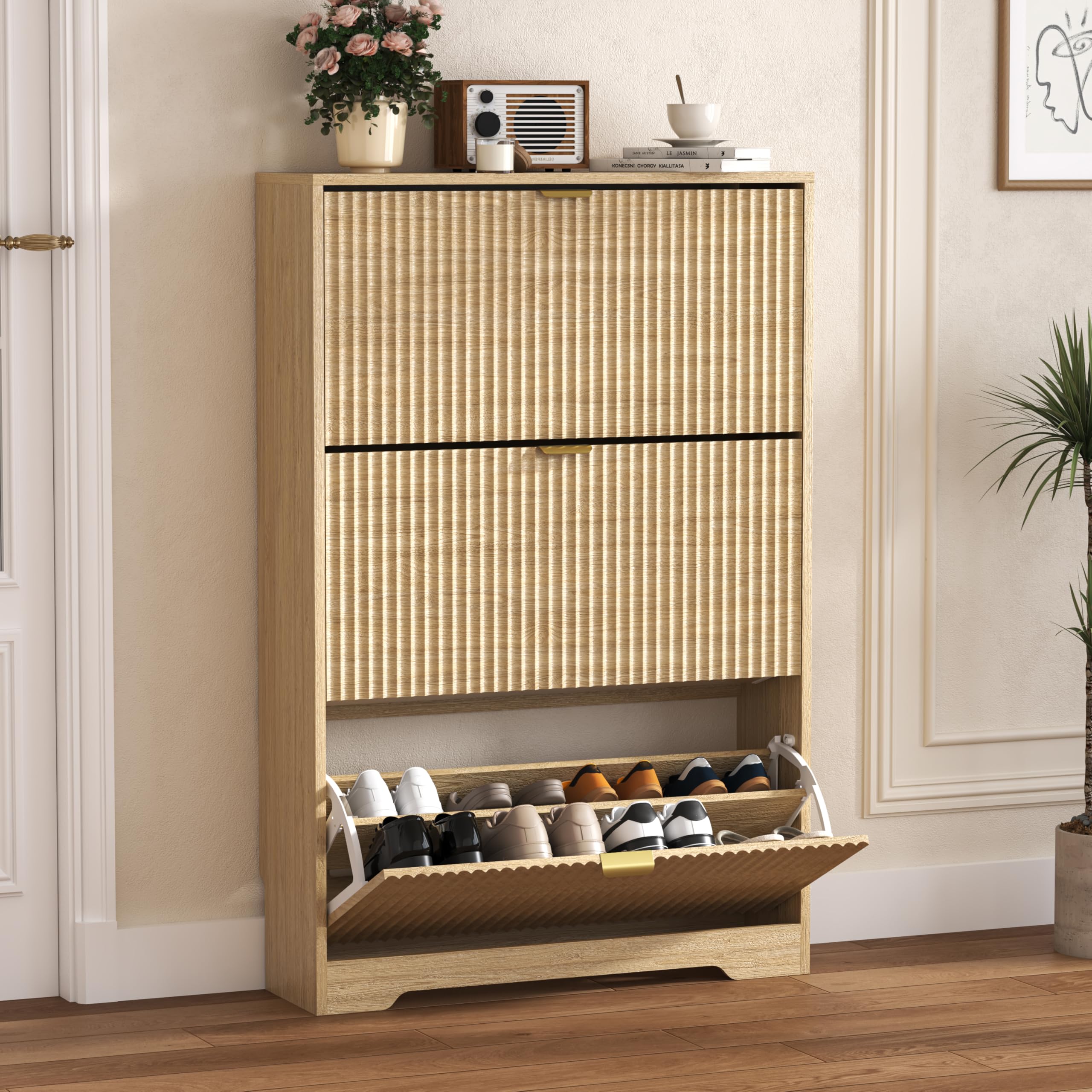 HUANLEGO Shoe Cabinet Storage for Entryway with 3 Flip Drawers, Oak Fluted Shoe Cabinet with Adjustable Shelves, Wooden Hidden Shoe Rack Freestanding Narrow Slim Shoes Storage for Hallway, Entrance