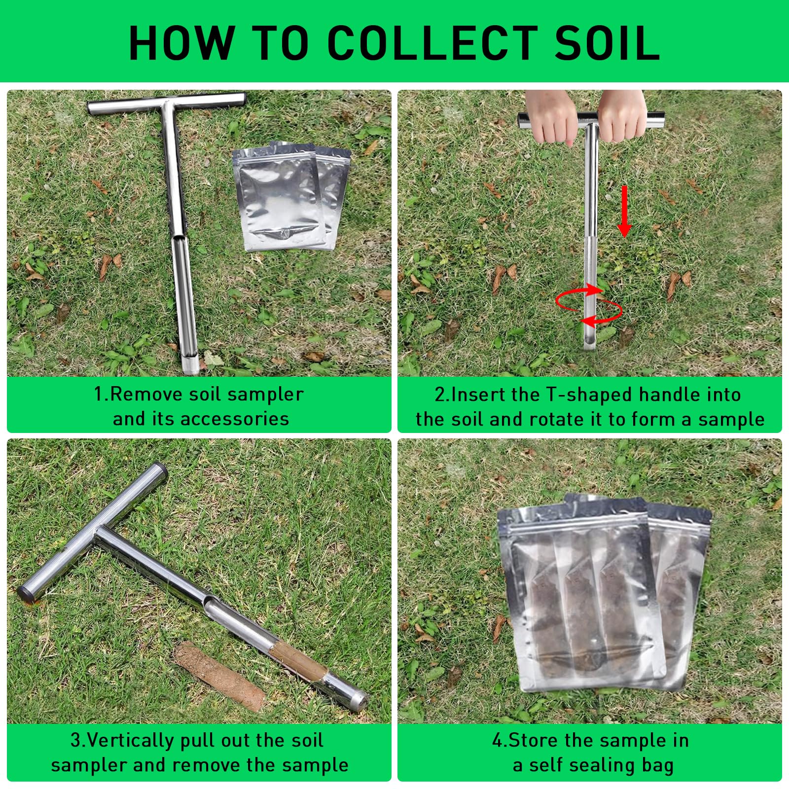Muestreador suelo 51 cm acero 304 - Sonda en T 2.5 mm con 2 bolsas para análisis de suelos agrícolas, forestales, jardinería