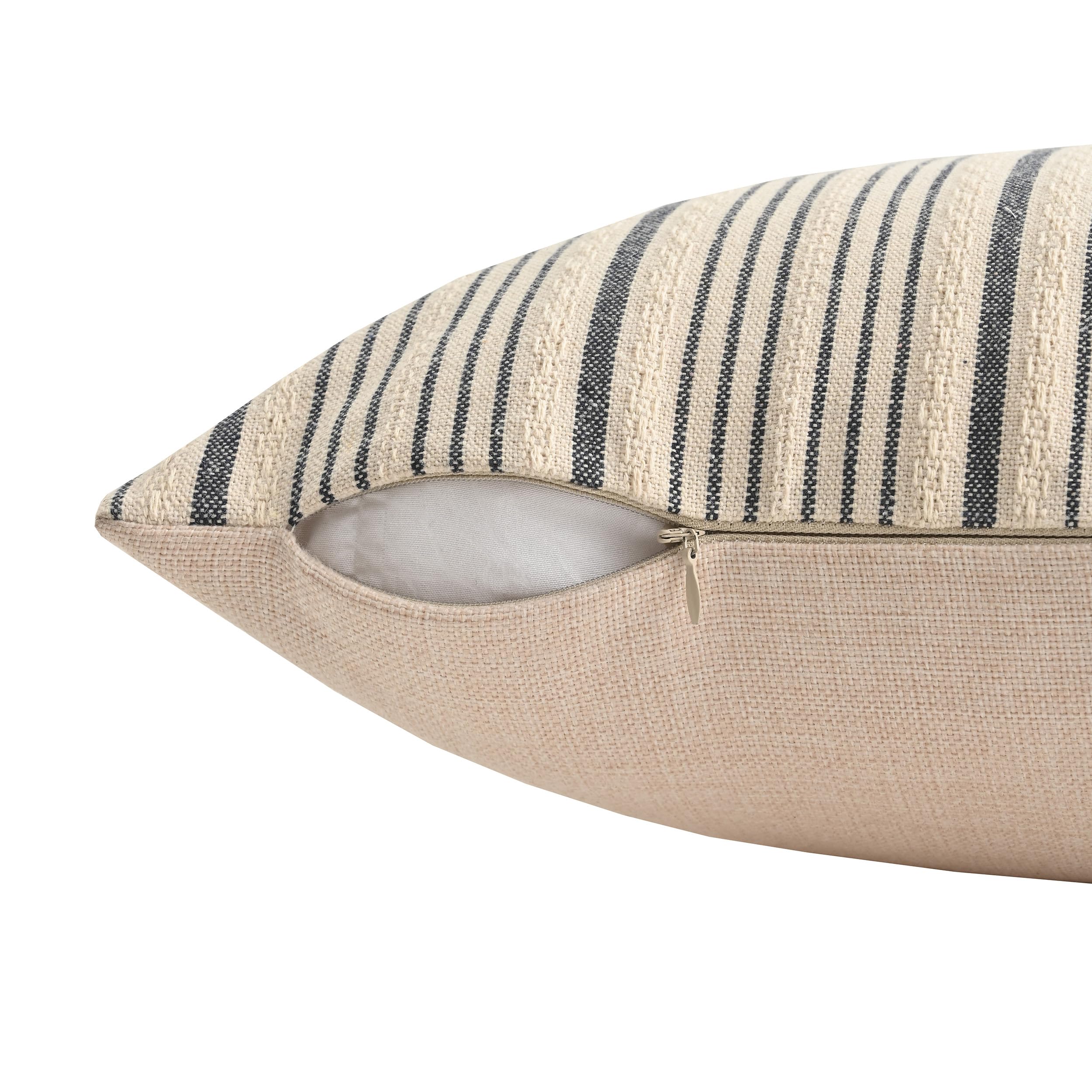 Paquete de 2 fundas de almohada decorativas de granja azul marino y crema, fundas de almohada cuadradas de lino, fundas de cojín texturizadas a rayas para sofá, silla, 18 x 18 pulgadas
